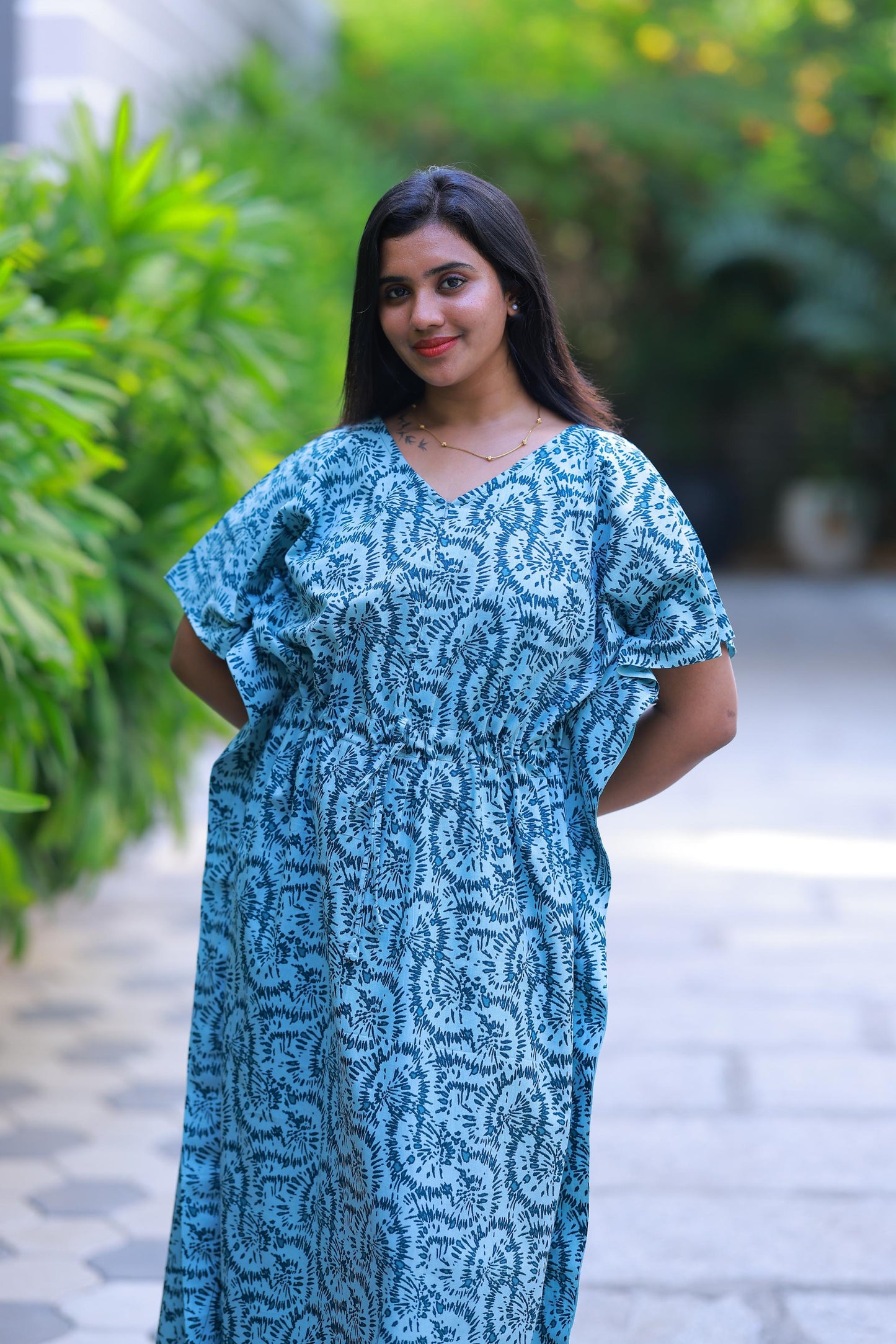 Light Green With Blue casual cotton kaftan with center zip