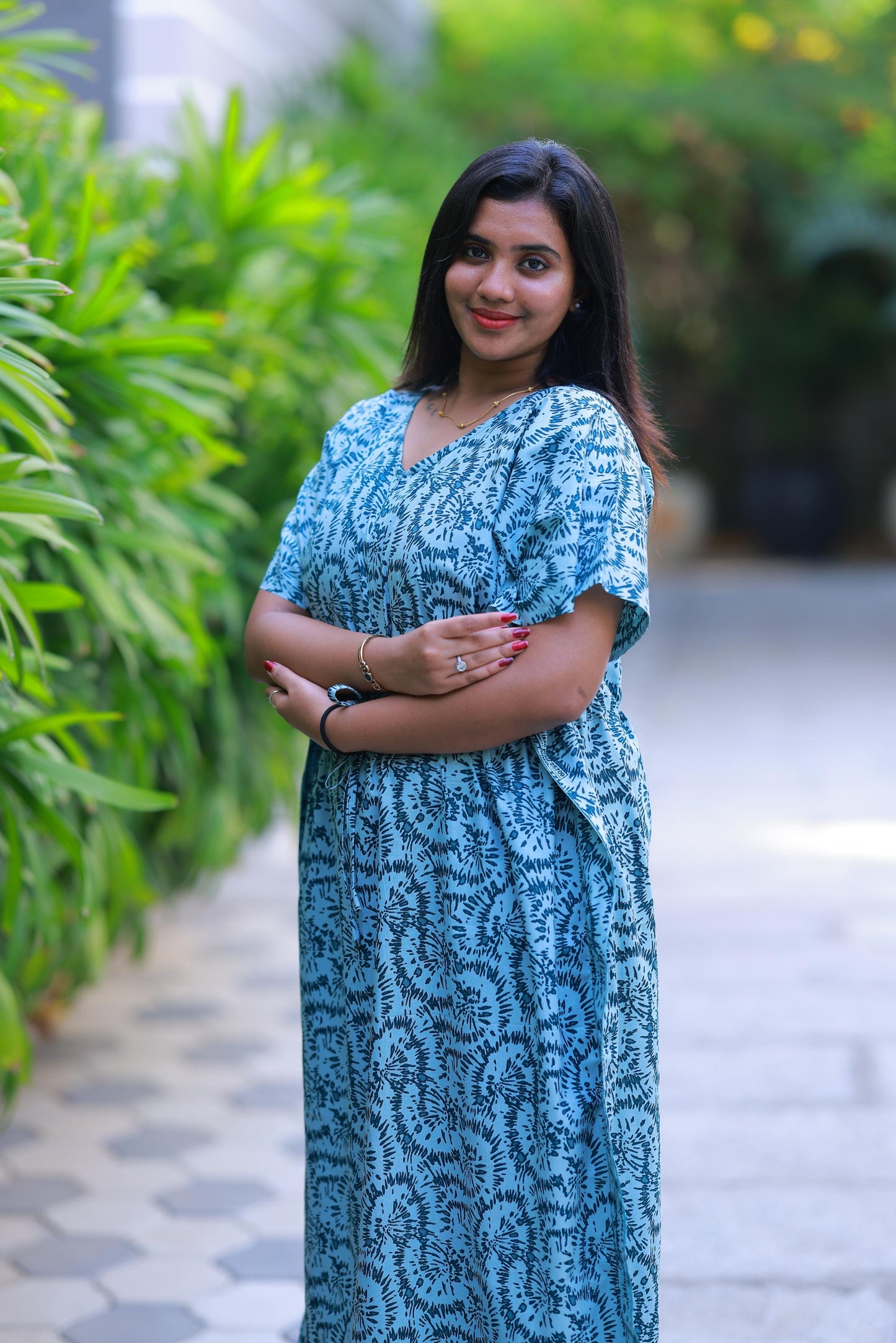 Light Green With Blue casual cotton kaftan with center zip