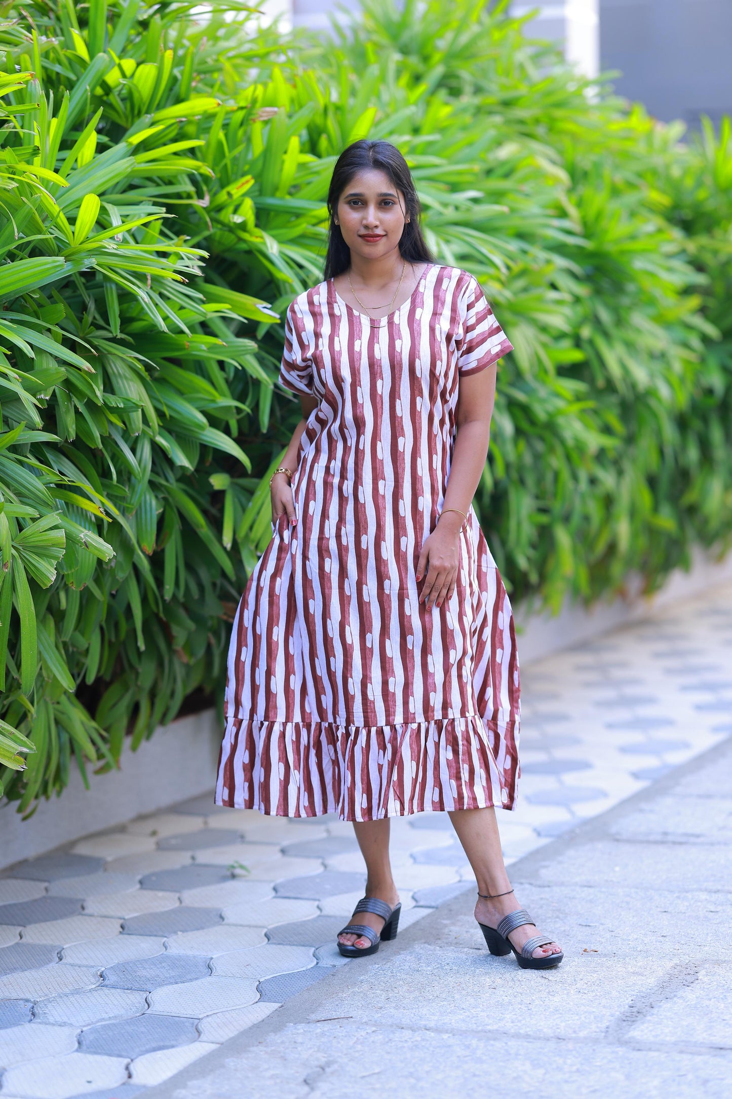 Brown With White Colour Midi gown Nighty