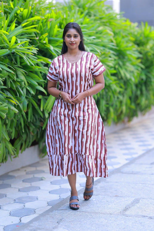 Brown With White Colour Midi gown Nighty