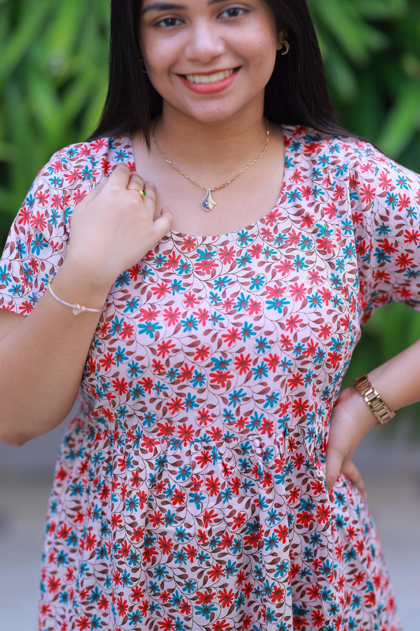 Light Brown With Red Flower design with side zip Frock