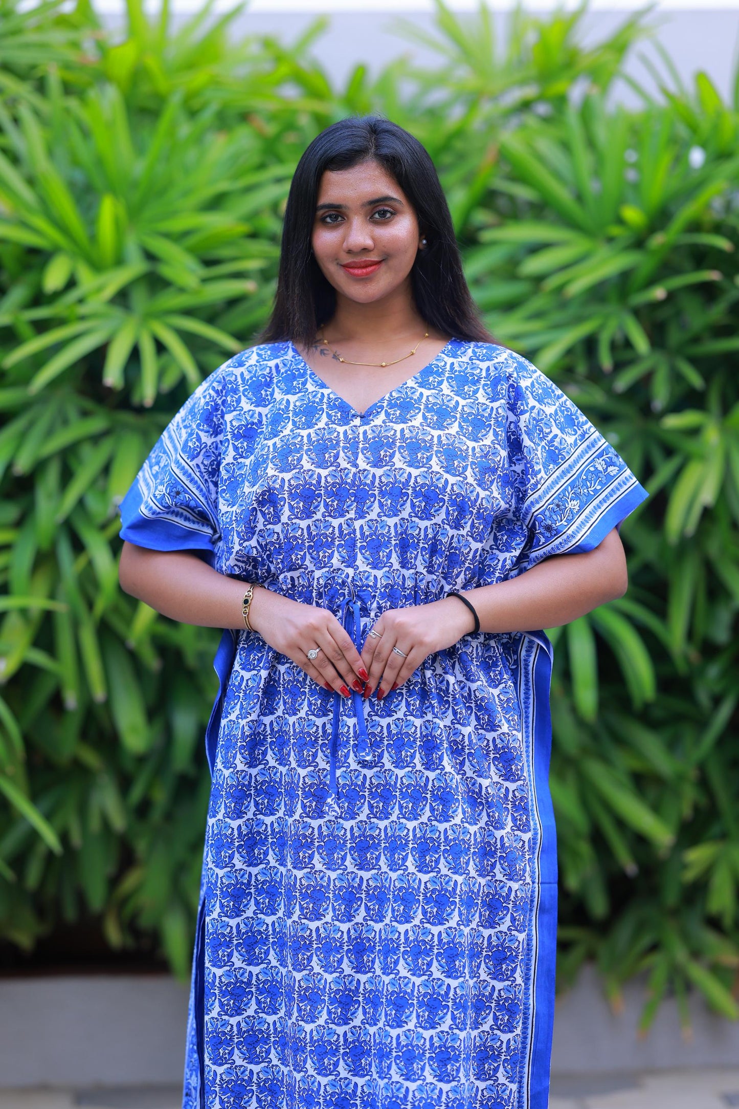 Dark Blue With White Flower casual cotton kaftan with center zip - AHA Nightwears