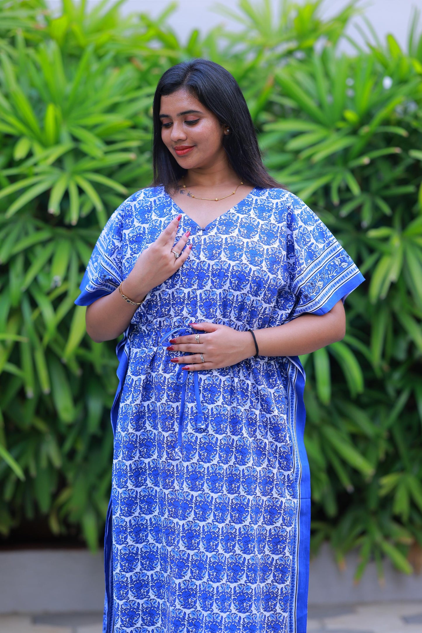 Dark Blue With White Flower casual cotton kaftan with center zip - AHA Nightwears