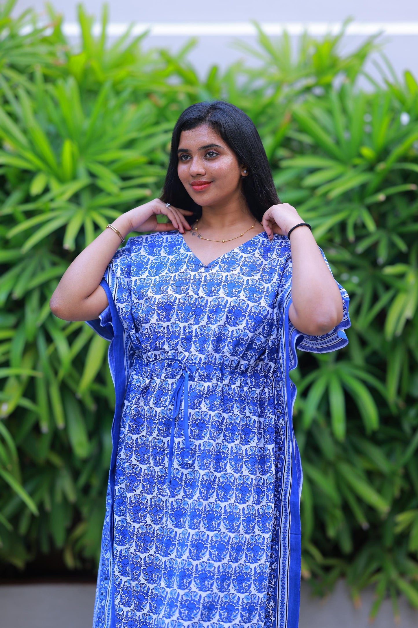 Dark Blue With White Flower casual cotton kaftan with center zip - AHA Nightwears