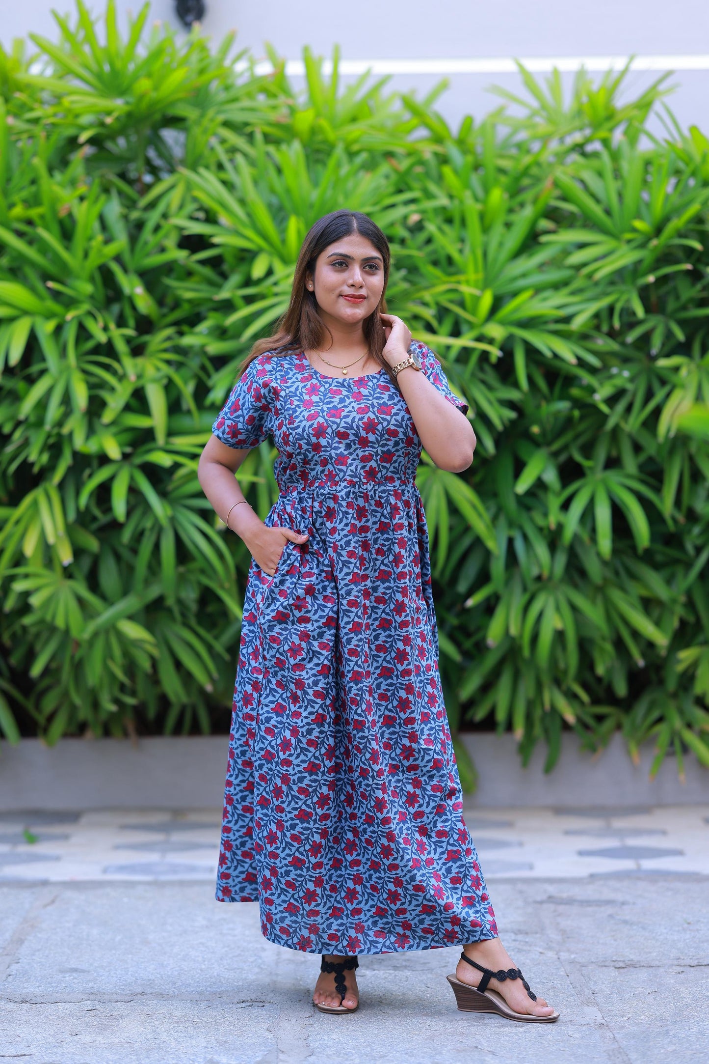 Light Gray With Red Flower design with side zip Frock