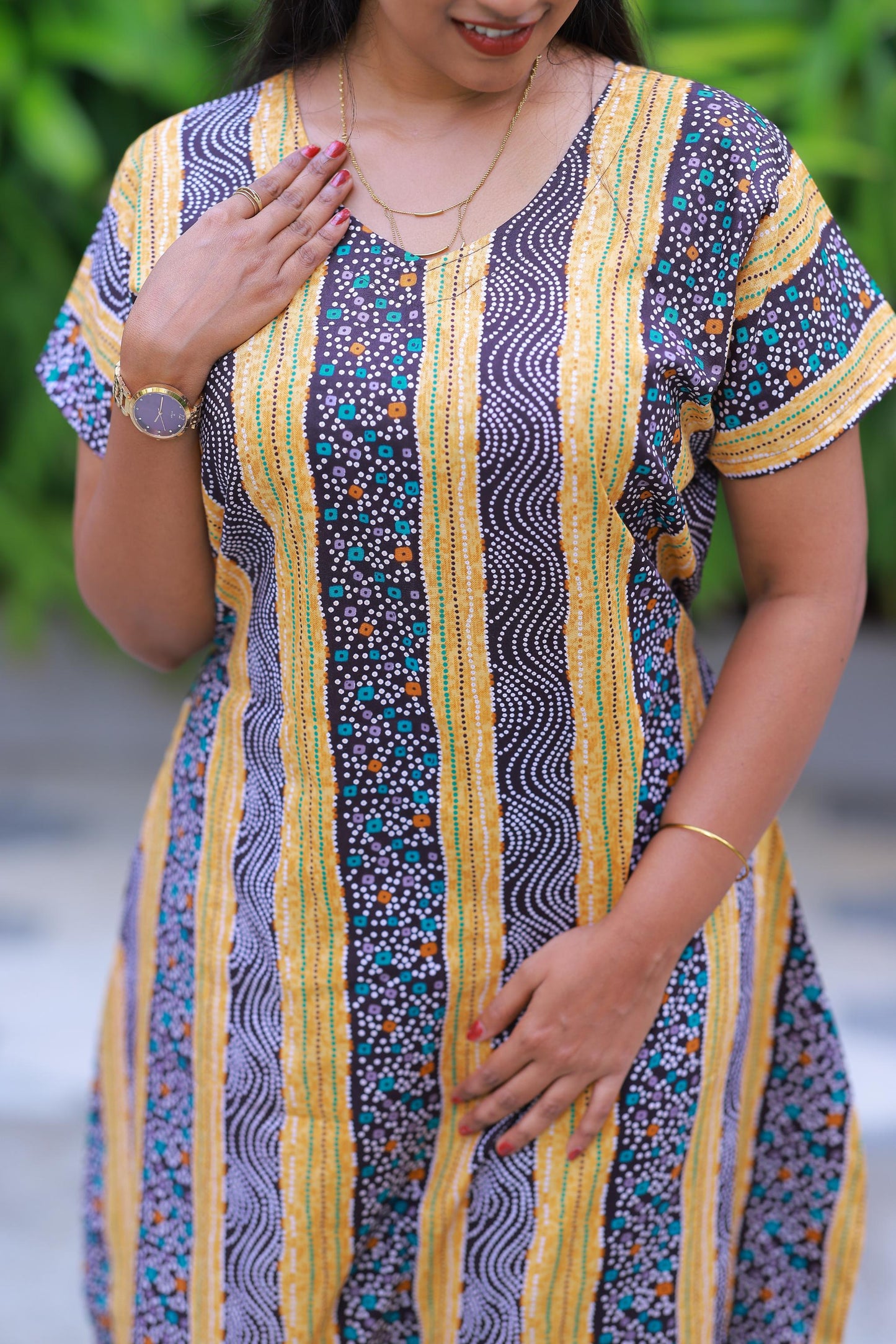 Yellow With Dark Maroon Colour Dot Design Without Zip Midi gown Nighty