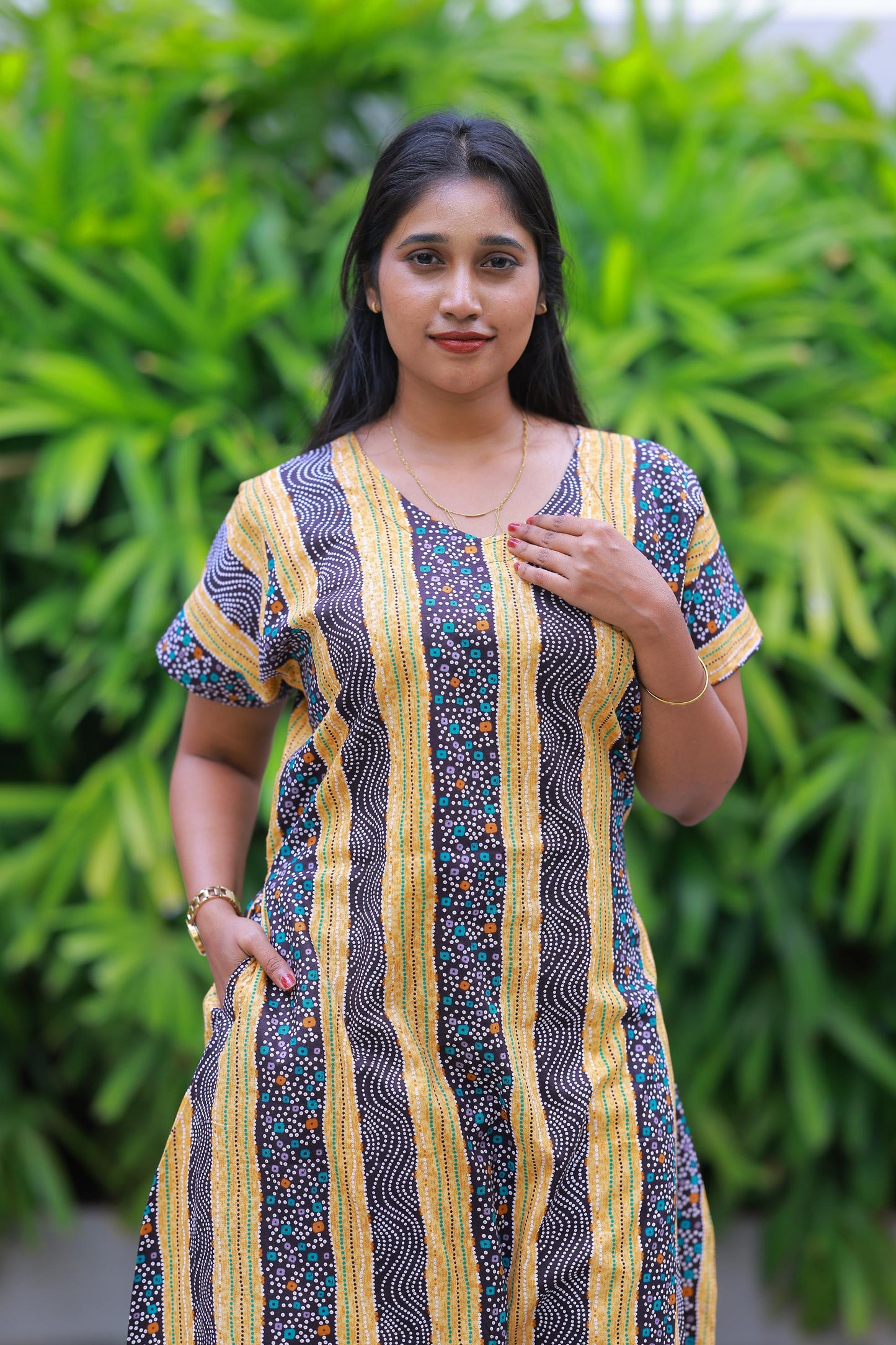 Yellow With Dark Maroon Colour Dot Design Without Zip Midi gown Nighty