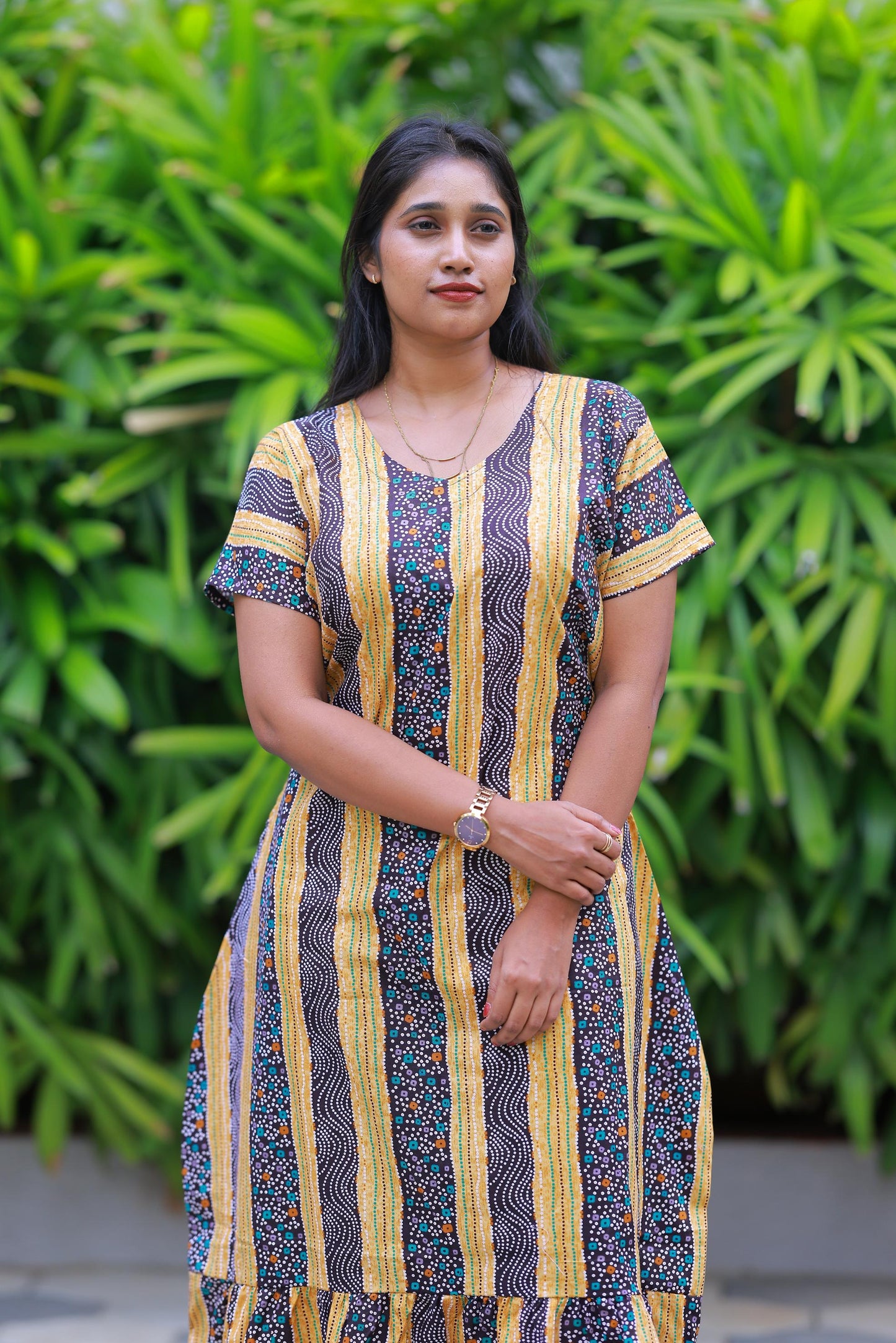 Yellow With Dark Maroon Colour Dot Design Without Zip Midi gown Nighty