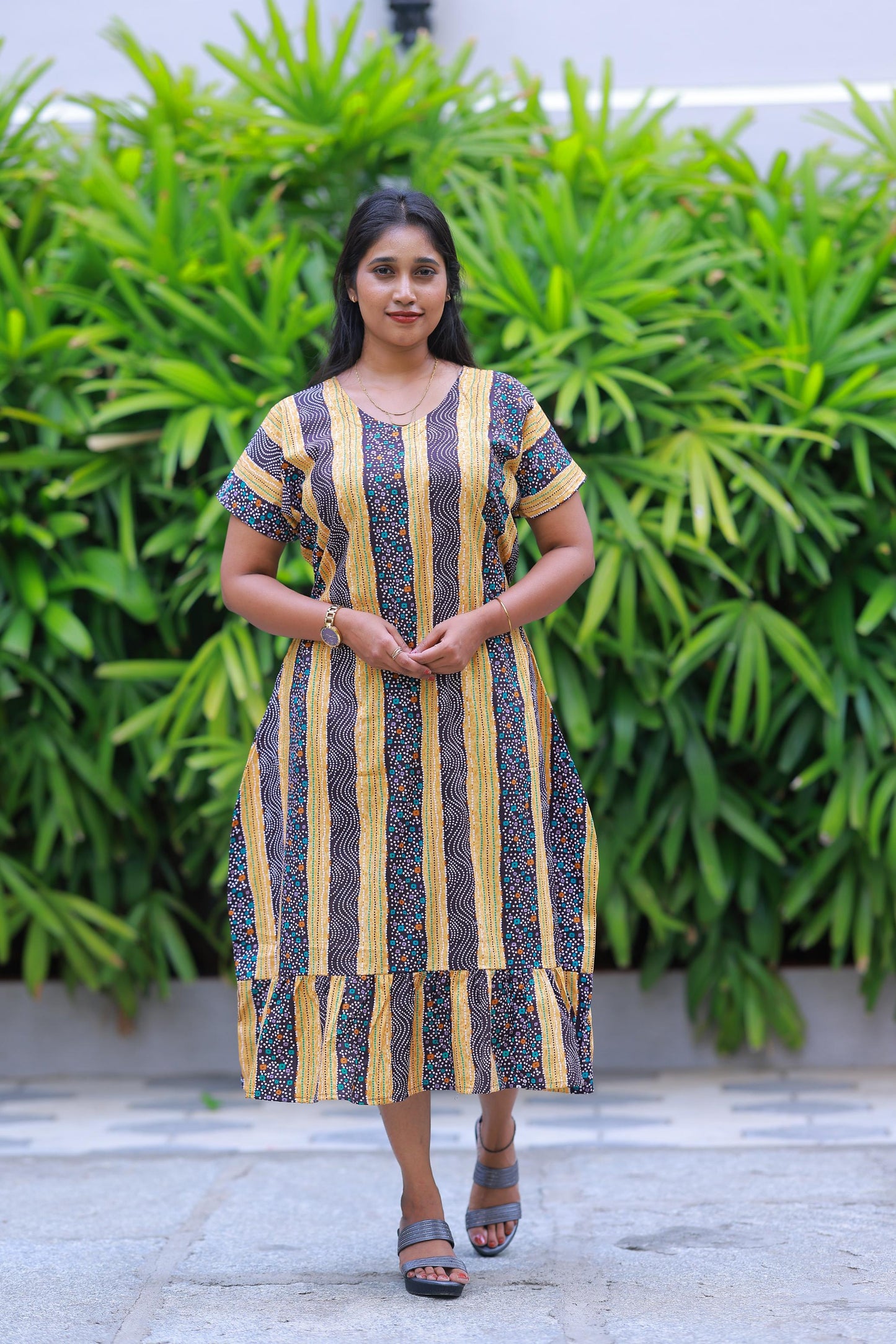 Yellow With Dark Maroon Colour Dot Design Without Zip Midi gown Nighty