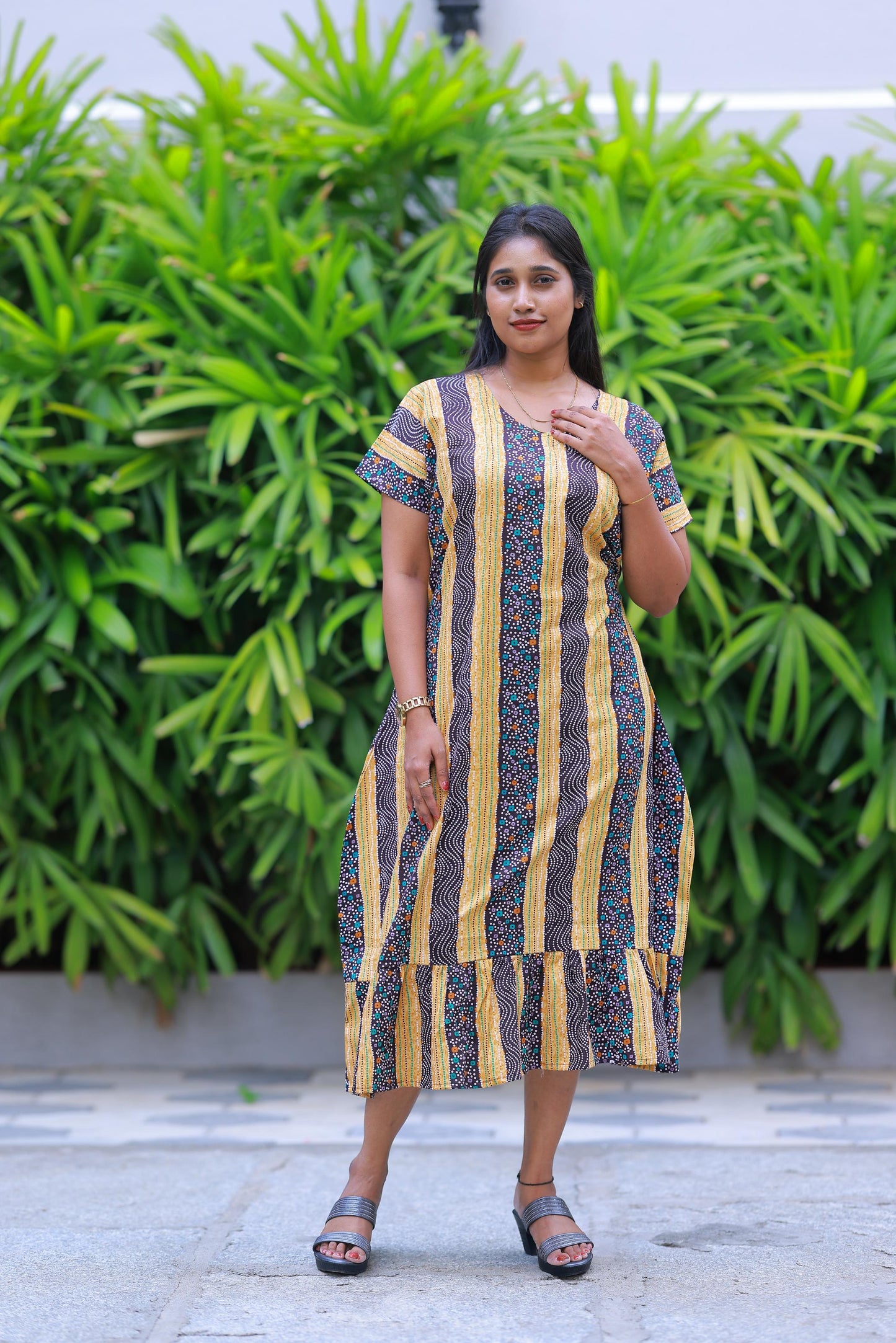 Yellow With Dark Maroon Colour Dot Design Without Zip Midi gown Nighty