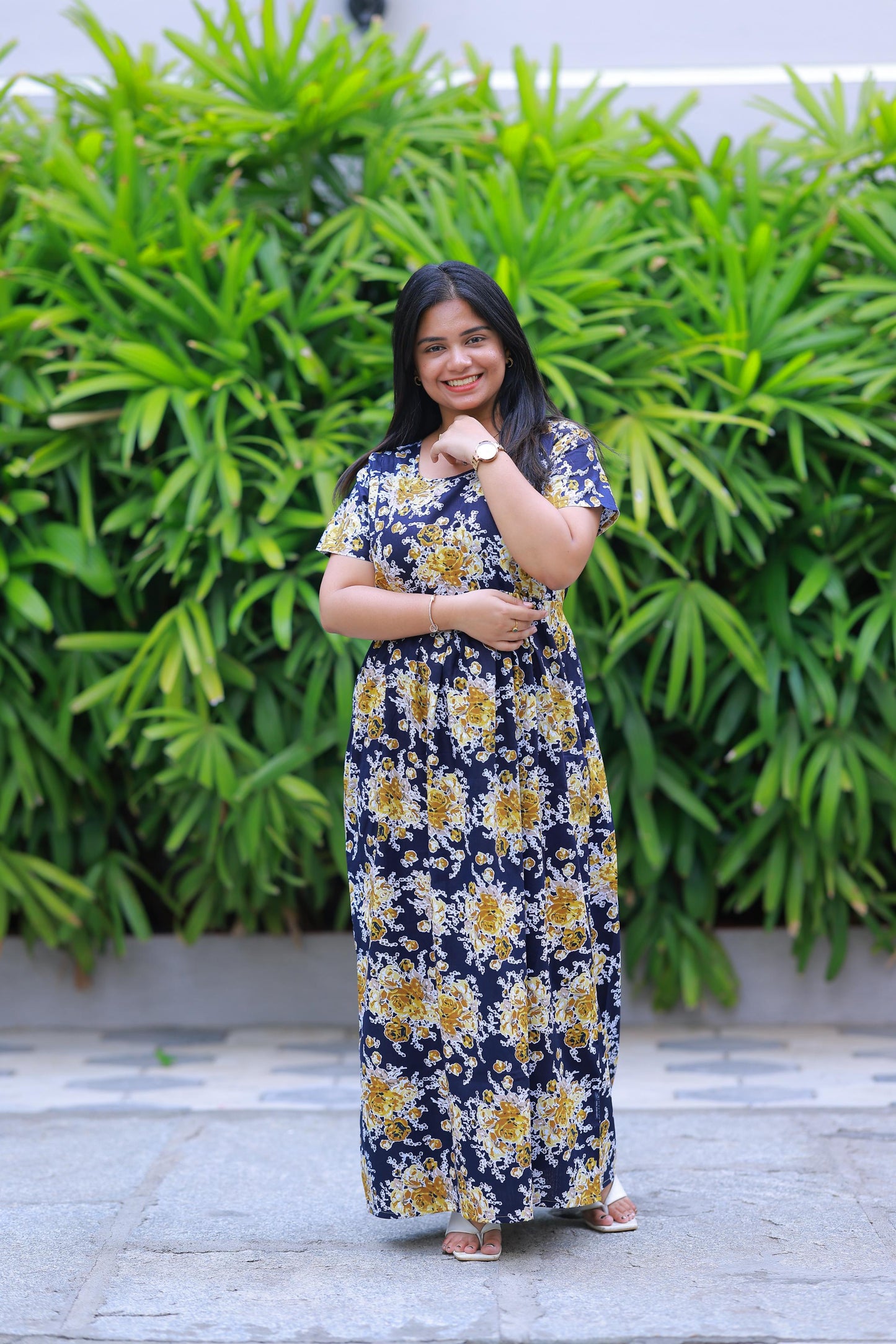 Dark Navy With Yellow Flower design with side zip Frock
