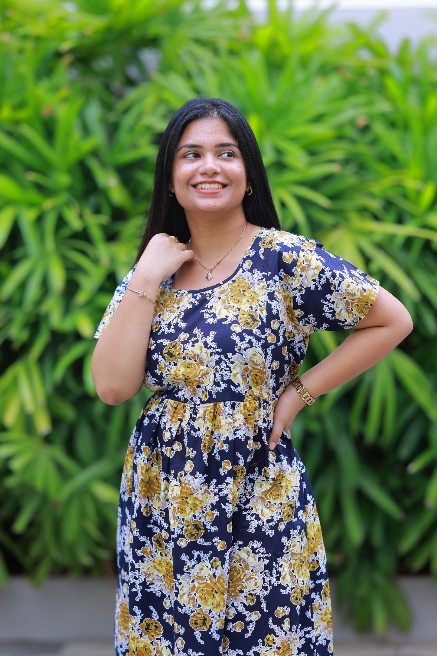 Dark Navy With Yellow Flower design with side zip Frock