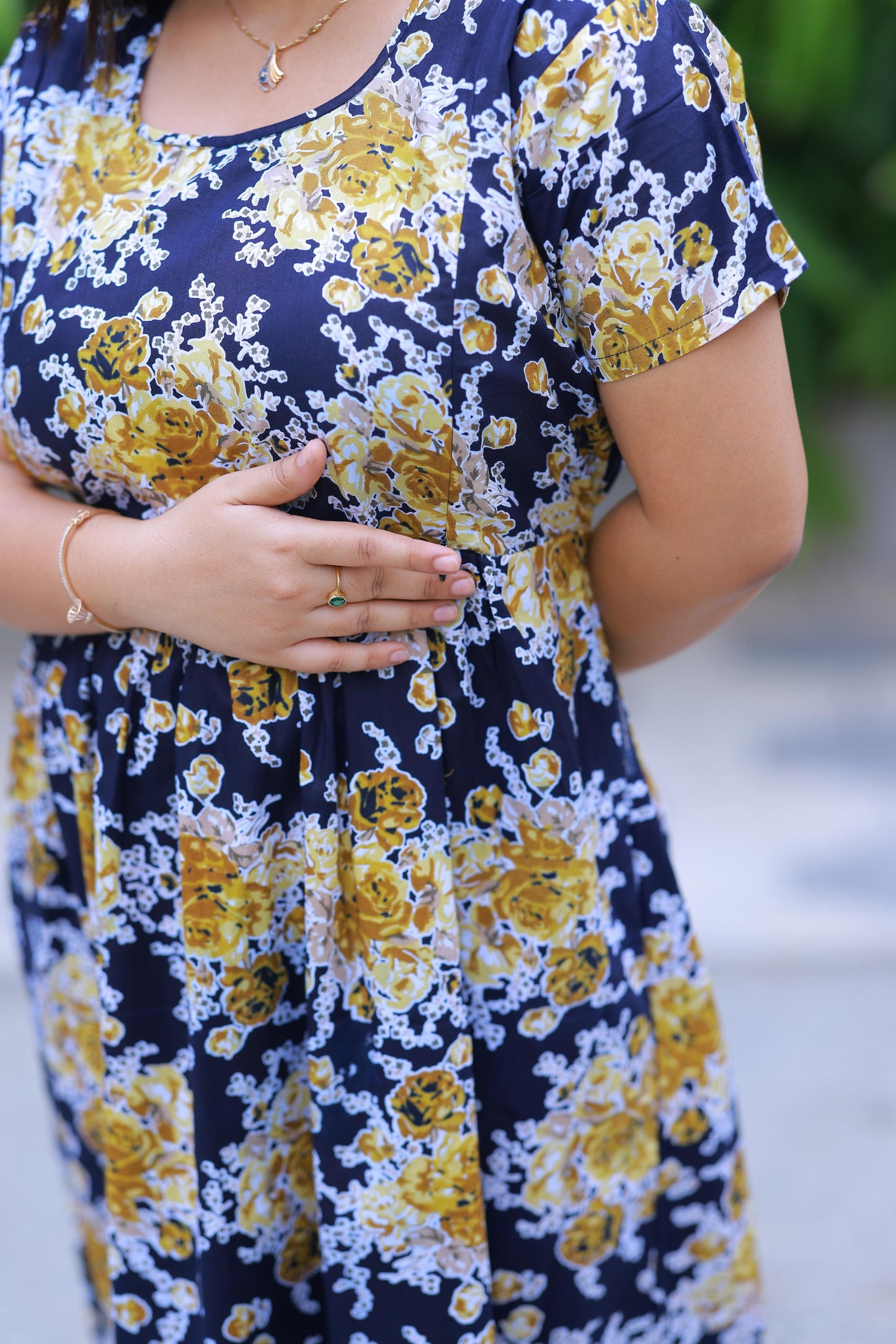 Dark Navy With Yellow Flower design with side zip Frock