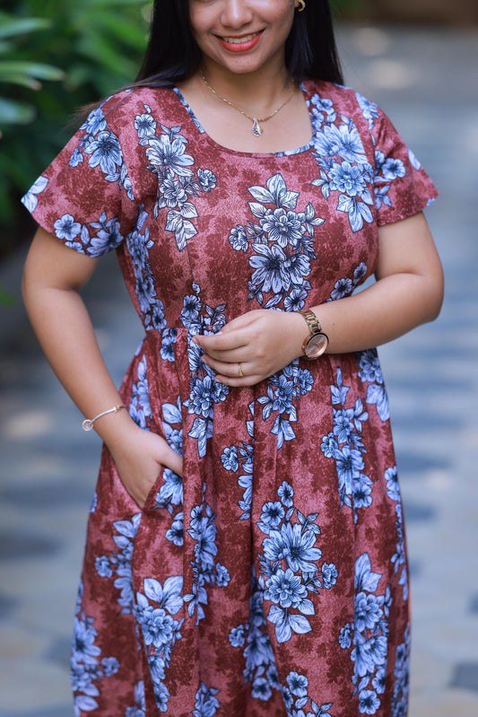 Brownish with White Floral side zip Frock - AHA Nightwears