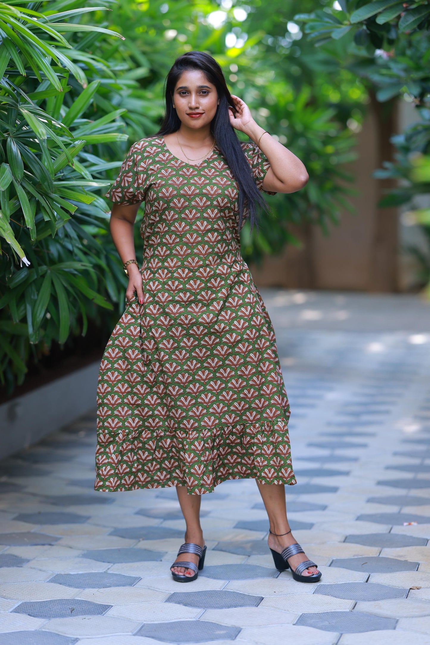 Green With Brown Flower Midi gown Nighty