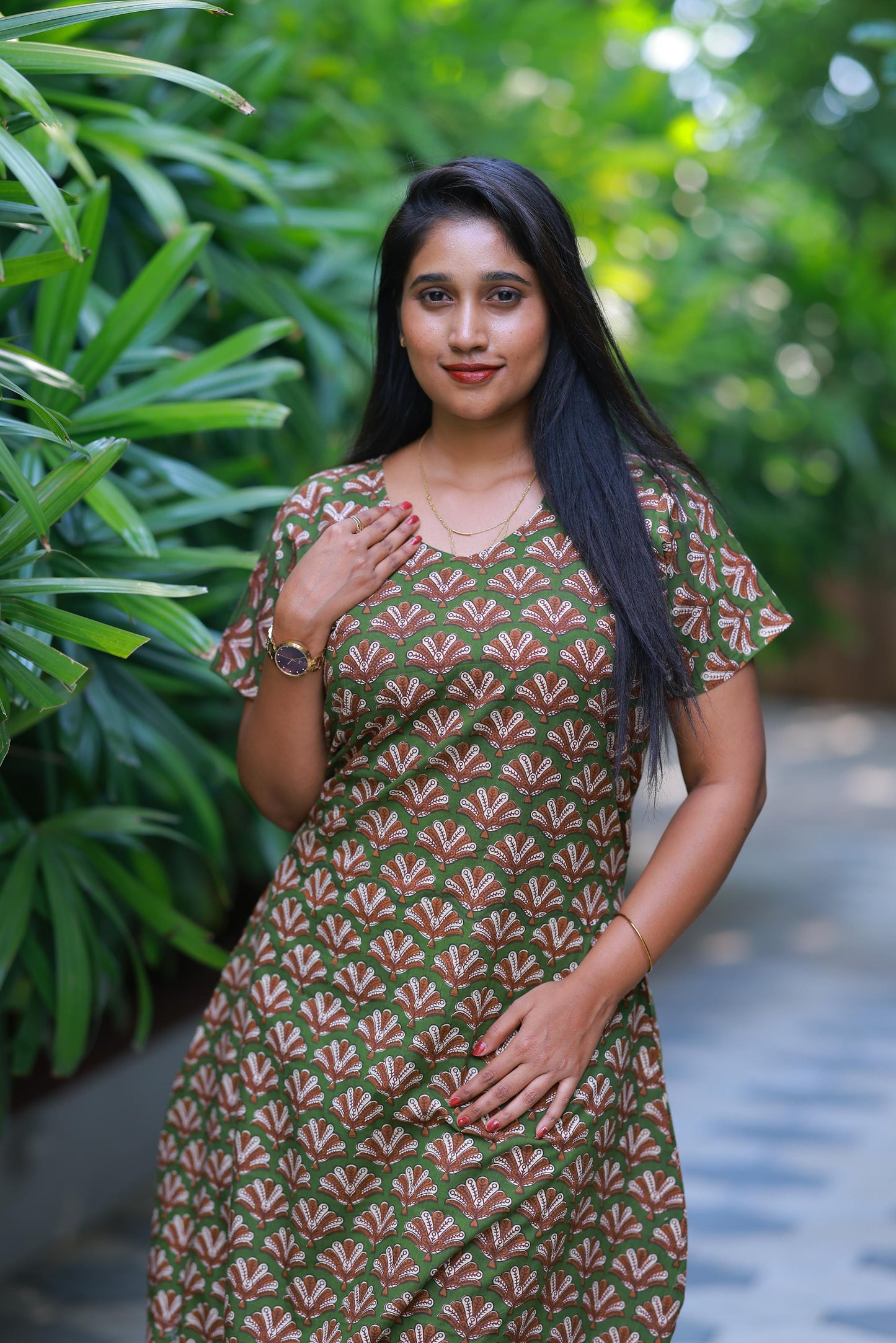 Green With Brown Flower Midi gown Nighty