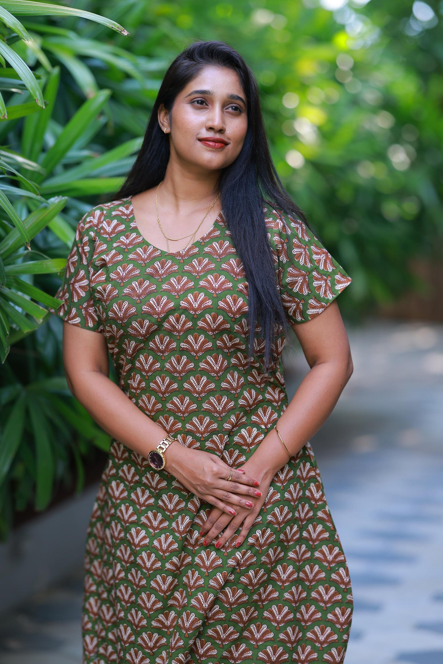 Green With Brown Flower Midi gown Nighty