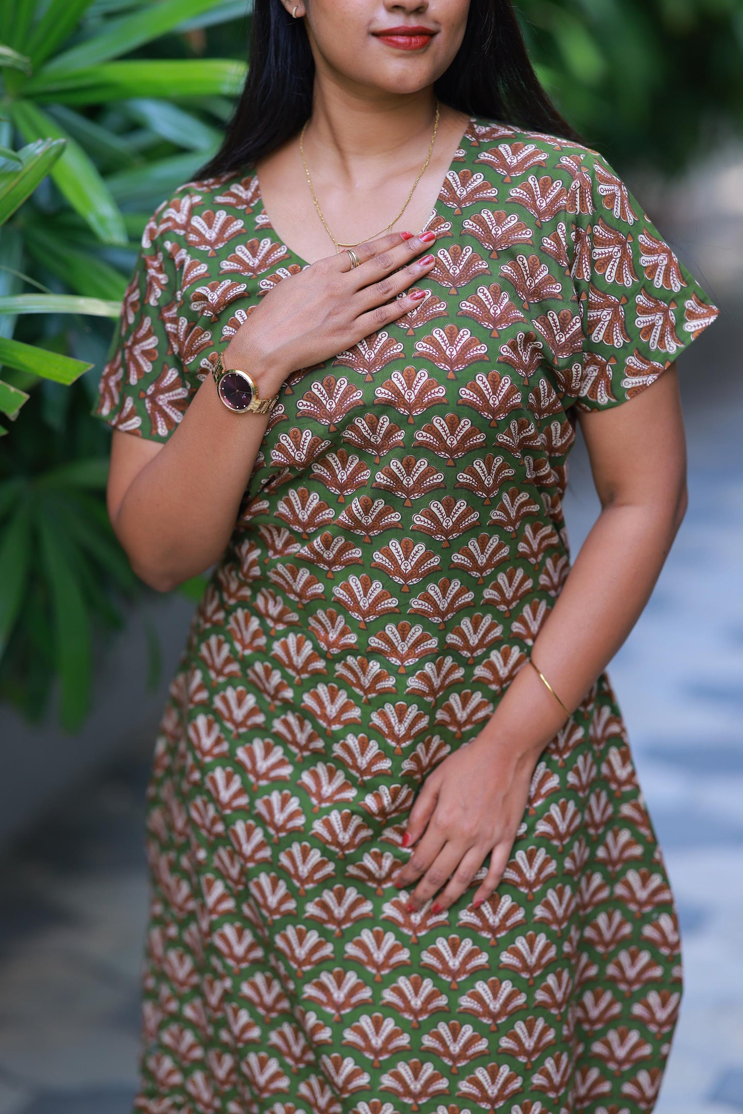 Green With Brown Flower Midi gown Nighty