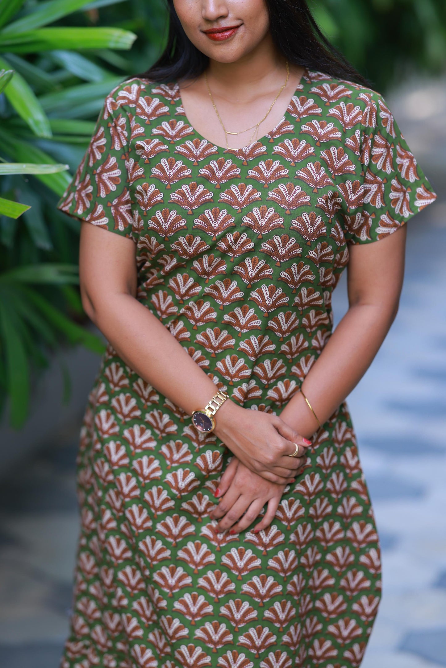 Green With Brown Flower Midi gown Nighty