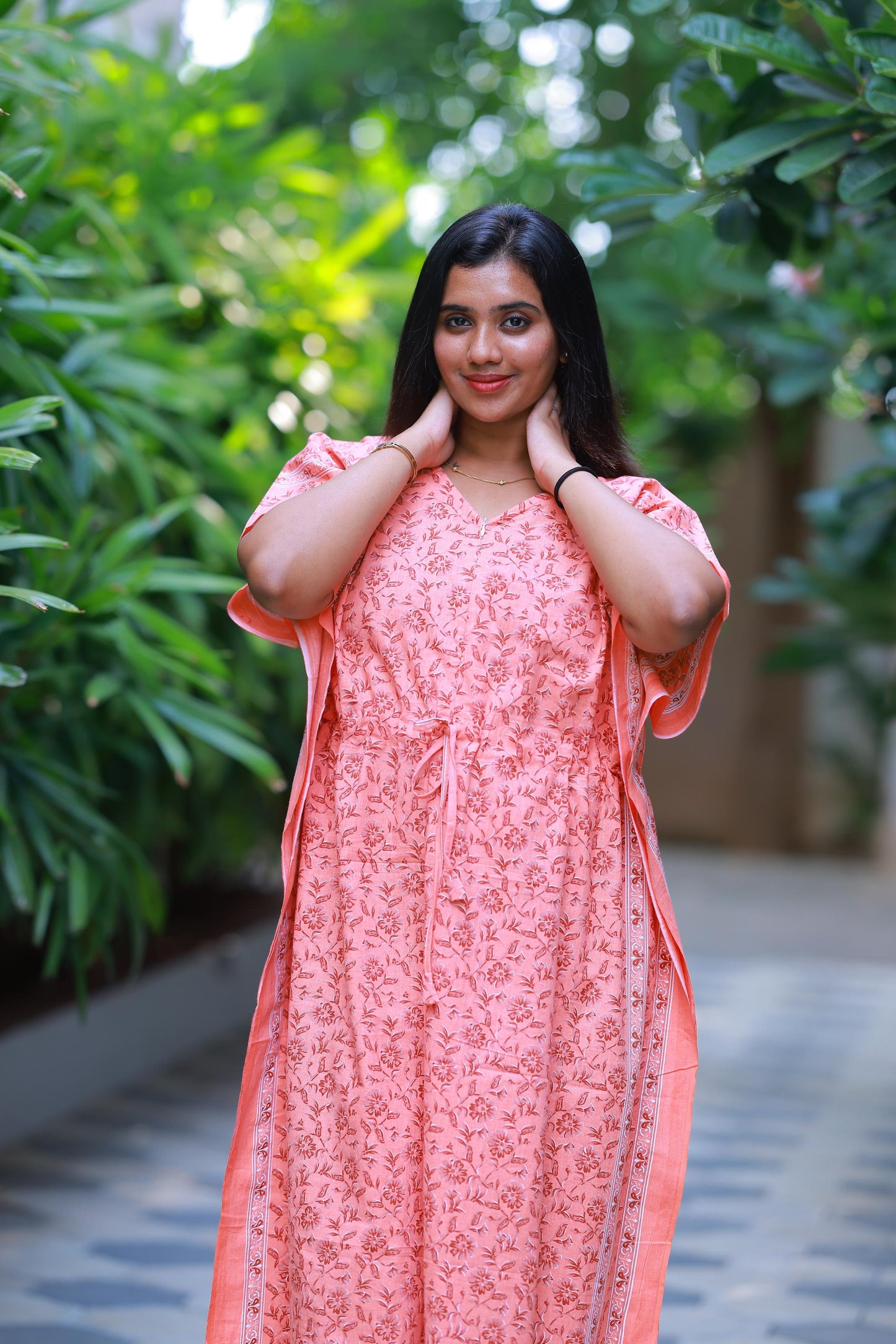 Orange With Maroon Flower Design kaftan center zip - AHA Nightwears