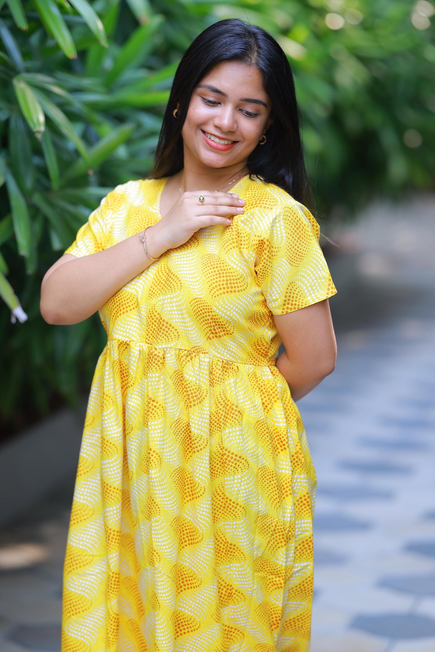 Dark Yellow with Light Yellow Floral Design With center zip Frock