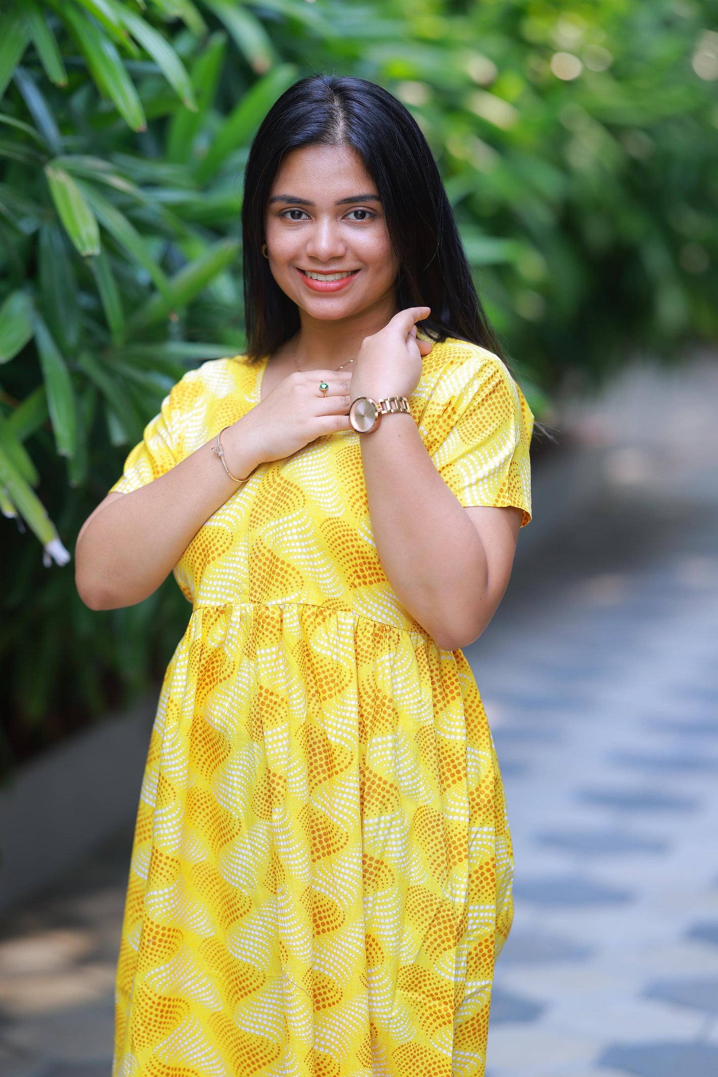 Dark Yellow with Light Yellow Floral Design With center zip Frock