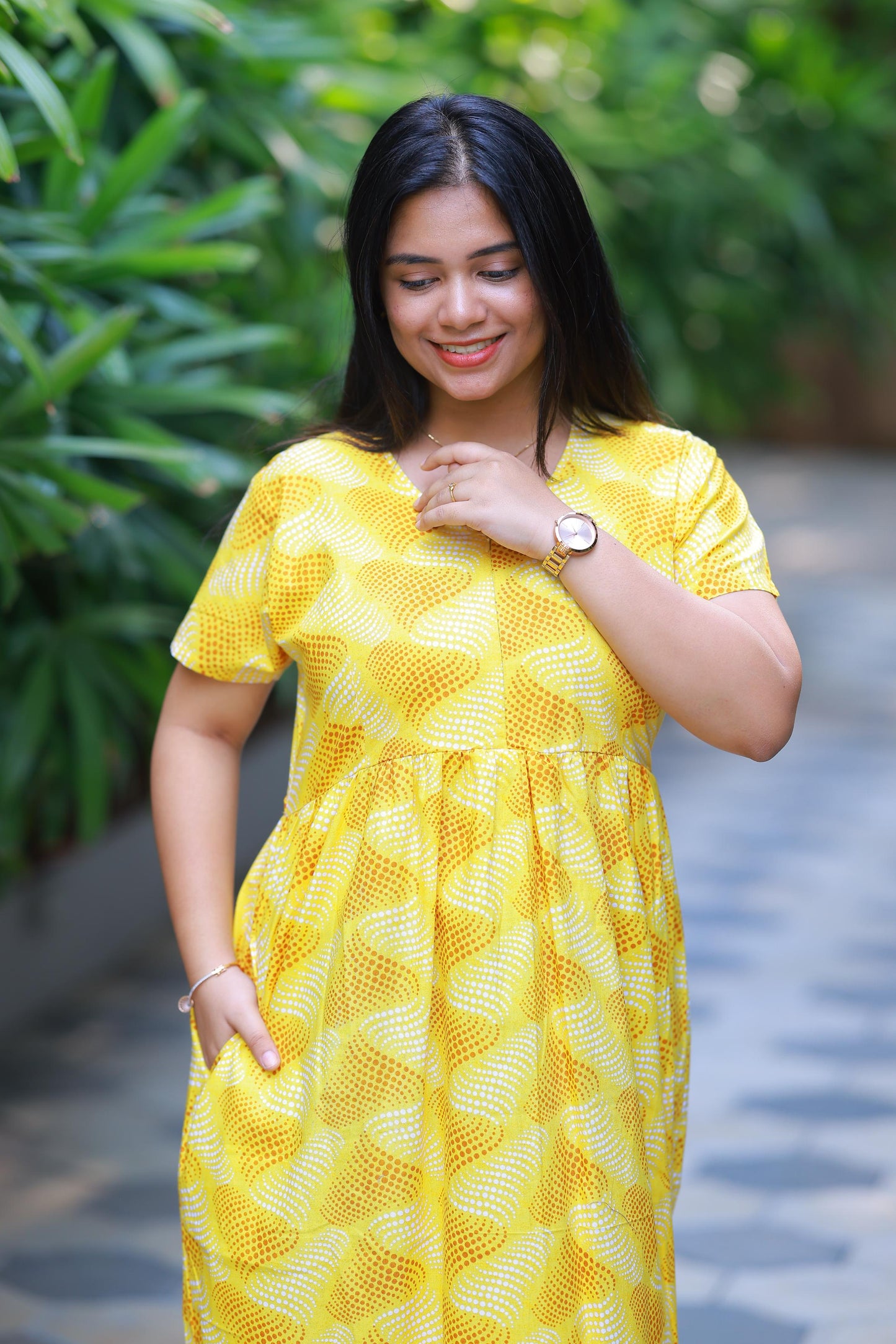 Dark Yellow with Light Yellow Floral Design With center zip Frock