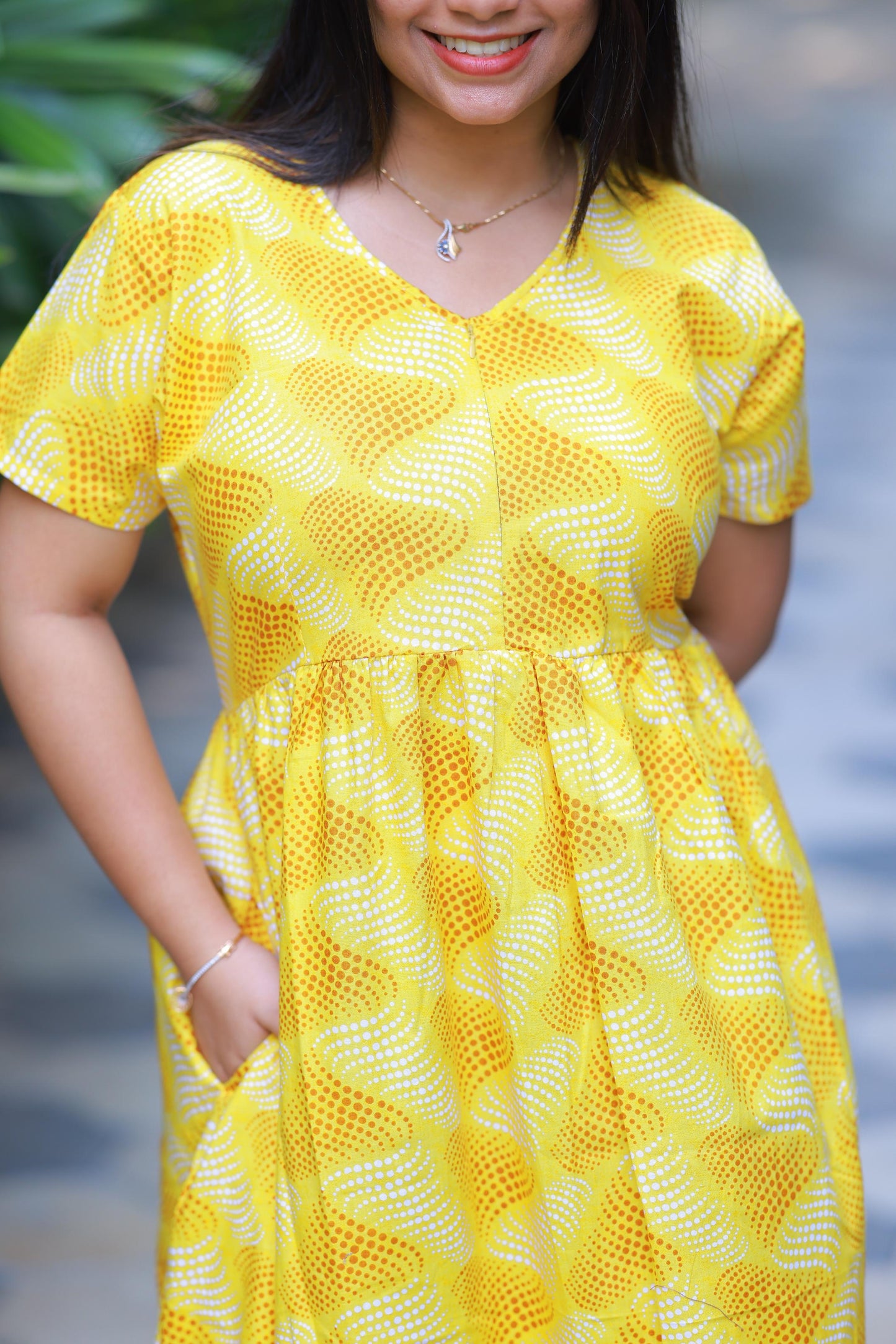 Dark Yellow with Light Yellow Floral Design With center zip Frock