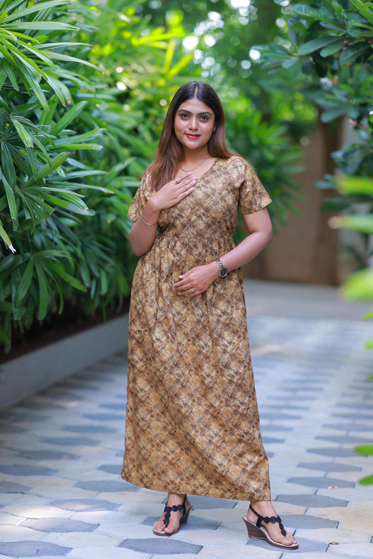 Light Brown with Dark Brown Floral Design center zip Frock