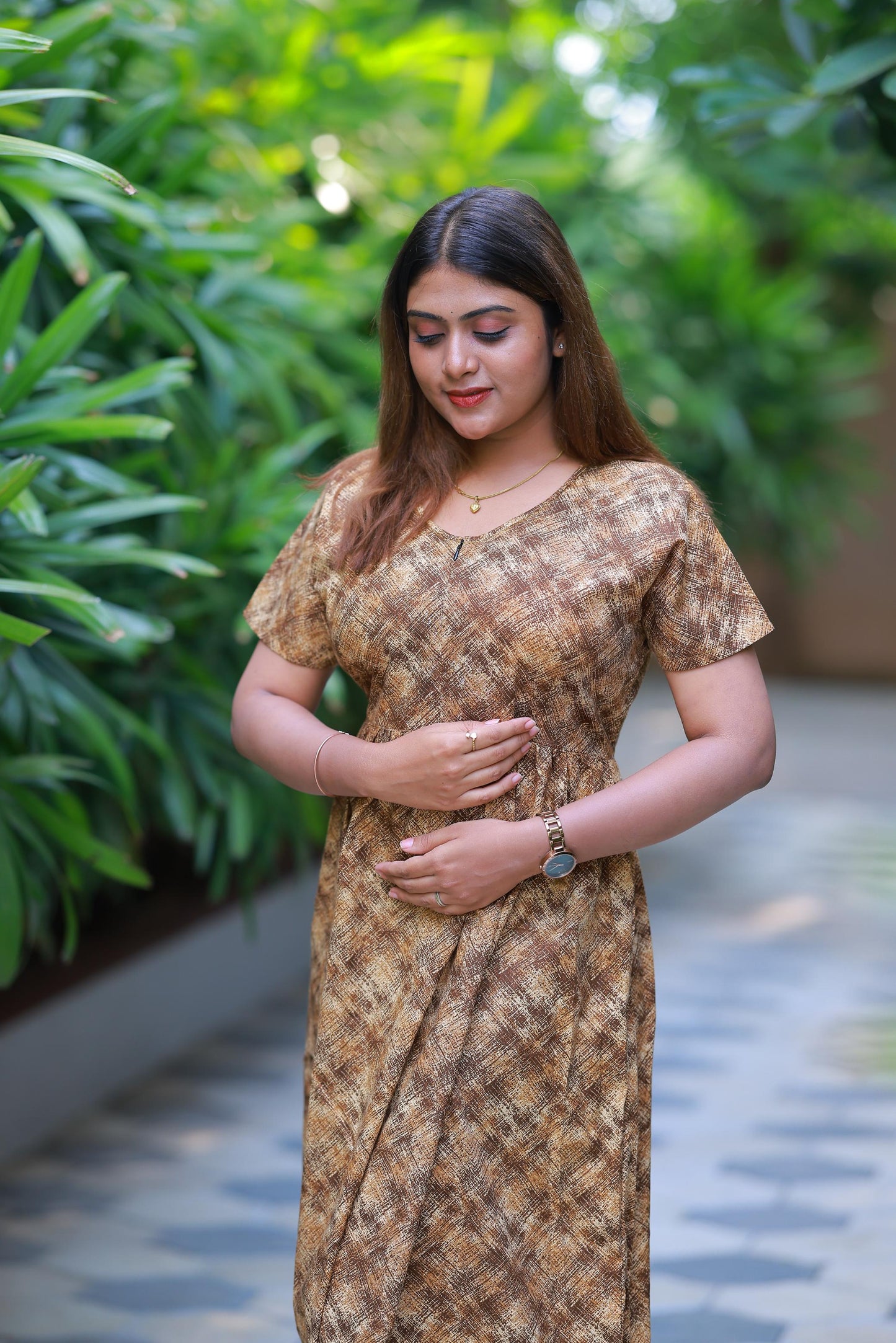 Light Brown with Dark Brown Floral Design center zip Frock