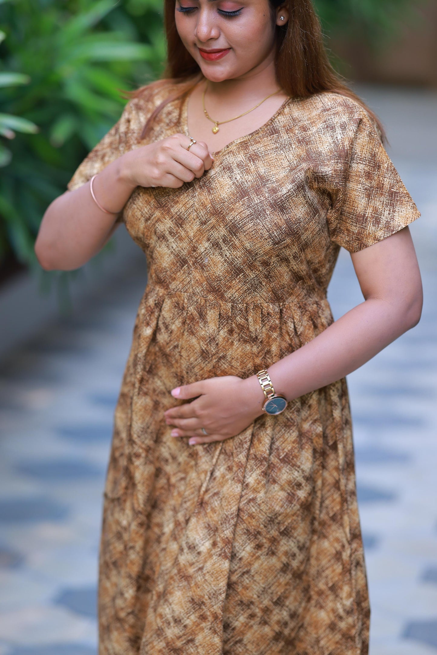 Light Brown with Dark Brown Floral Design center zip Frock