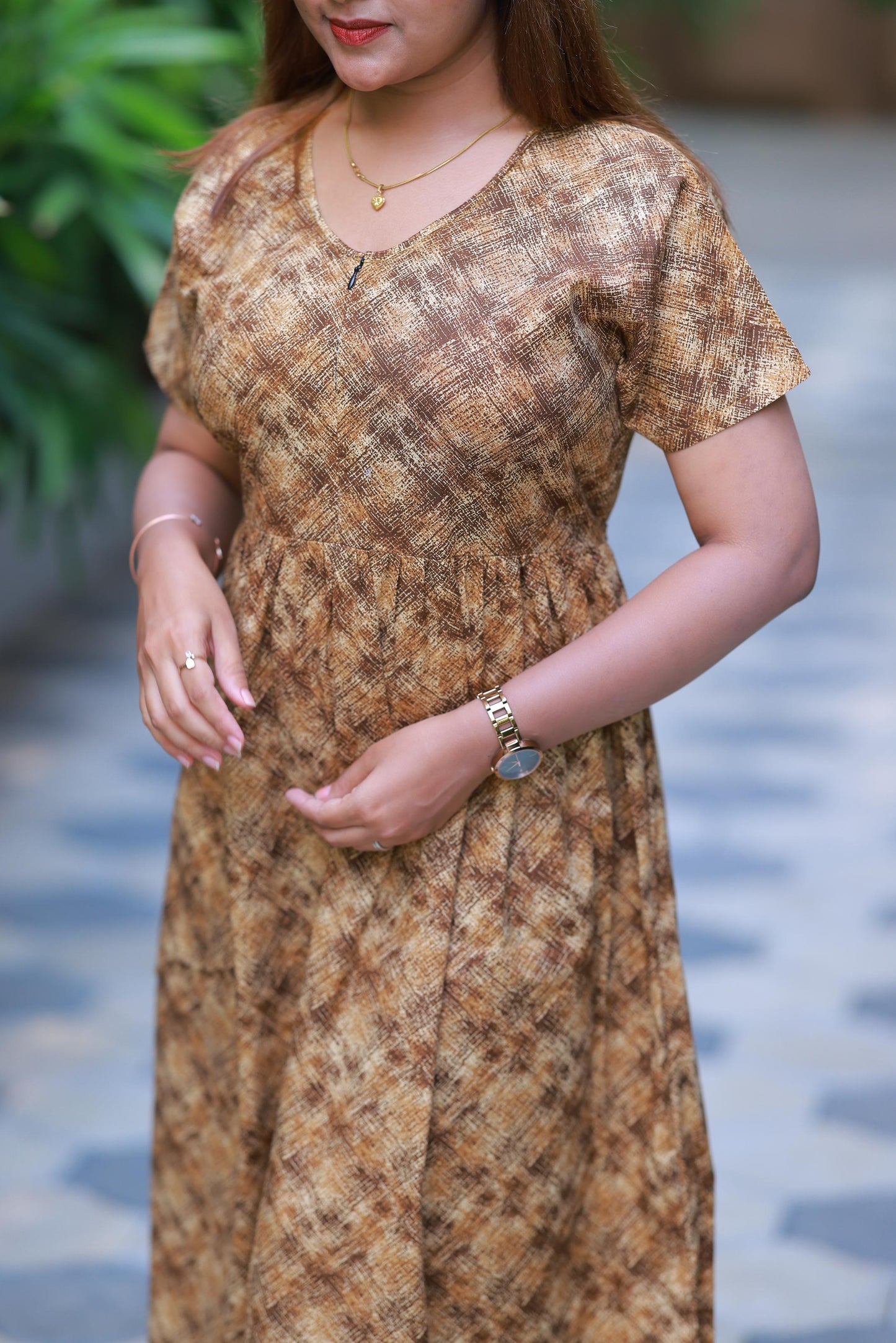 Light Brown with Dark Brown Floral Design center zip Frock