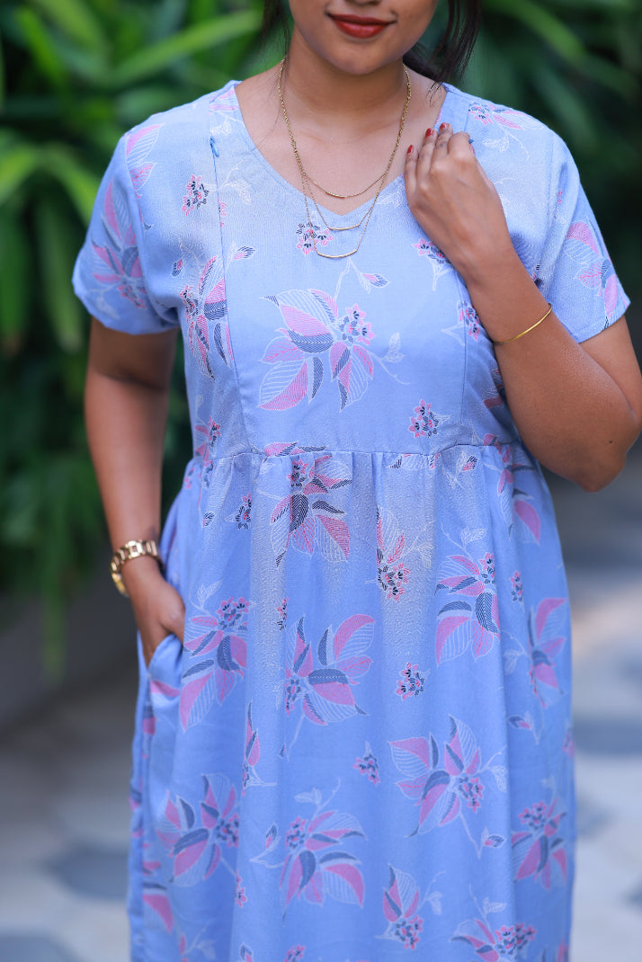 Light Blue with gray & pink floral Alphine desing side zip Frock