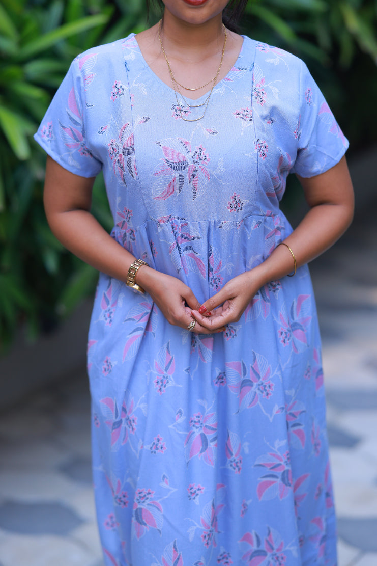 Light Blue with gray & pink floral Alphine desing side zip Frock