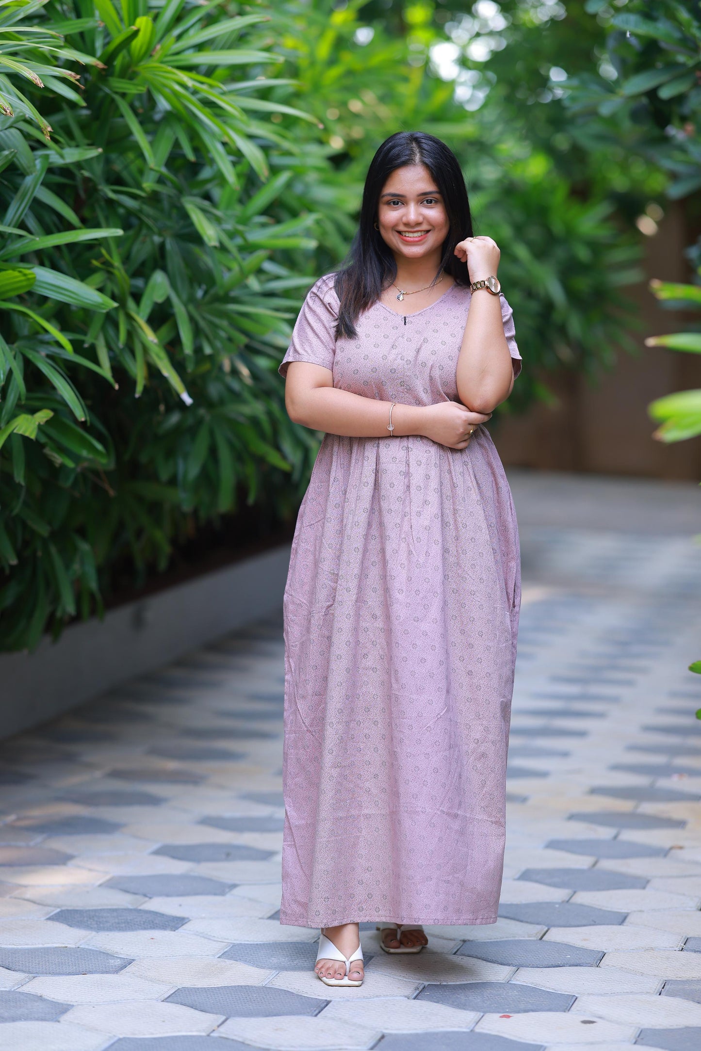 Light Cream with Black Dots Design center zip Frock