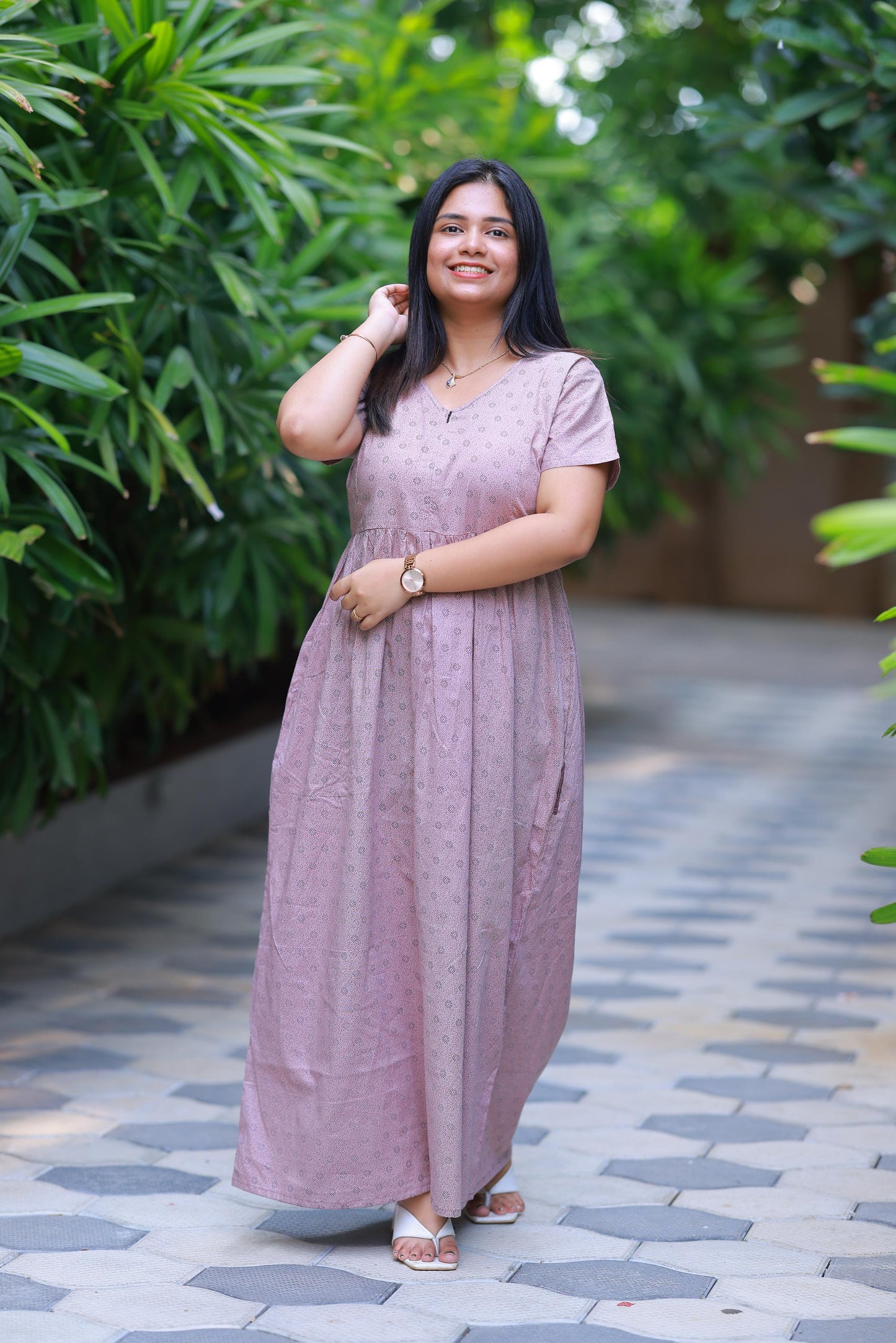 Light Cream with Black Dots Design center zip Frock
