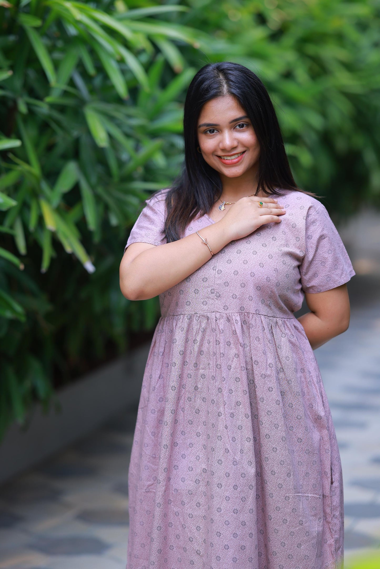 Light Cream with Black Dots Design center zip Frock