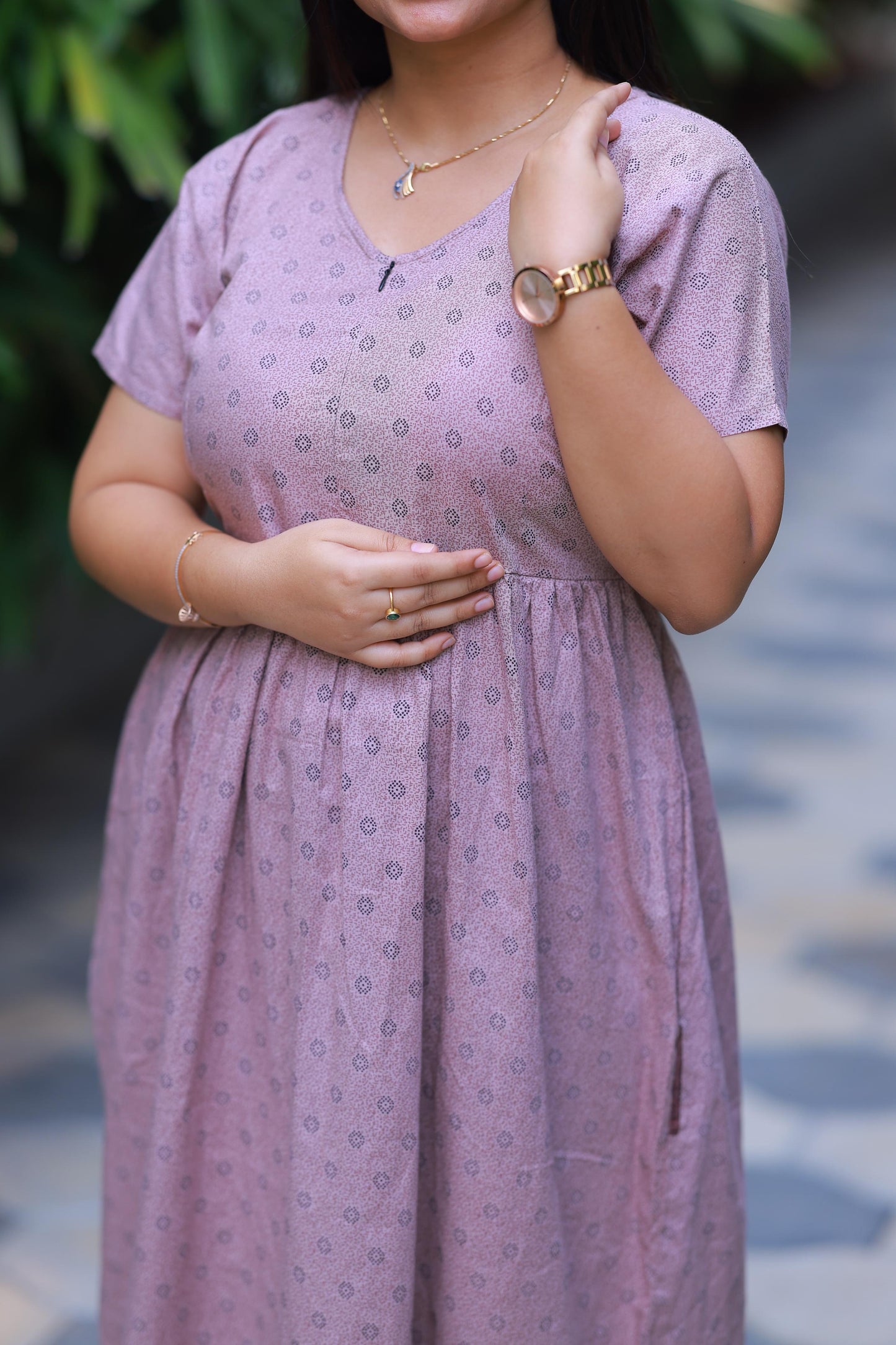 Light Cream with Black Dots Design center zip Frock