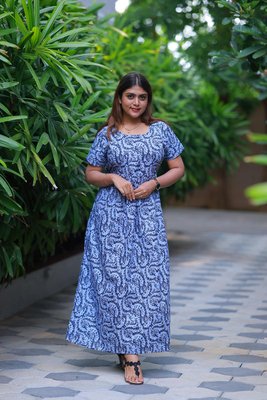 Dark Blue With Gray Floral design with side zip Frock