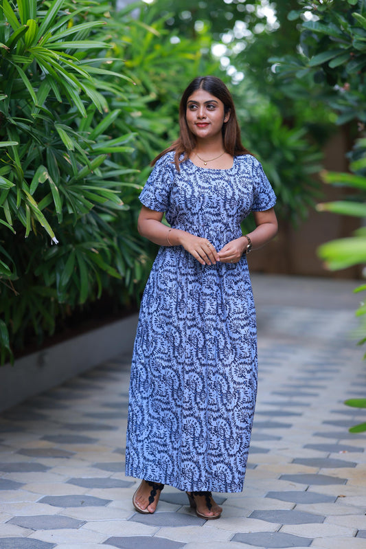 Dark Blue With Gray Floral design with side zip Frock