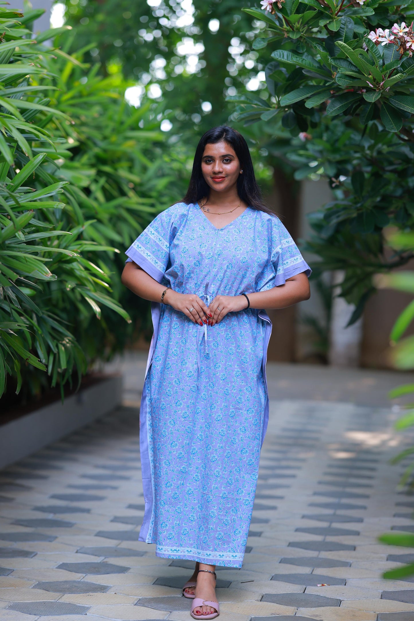 Light Gray With Sky Blue Flower Design kaftan center zip