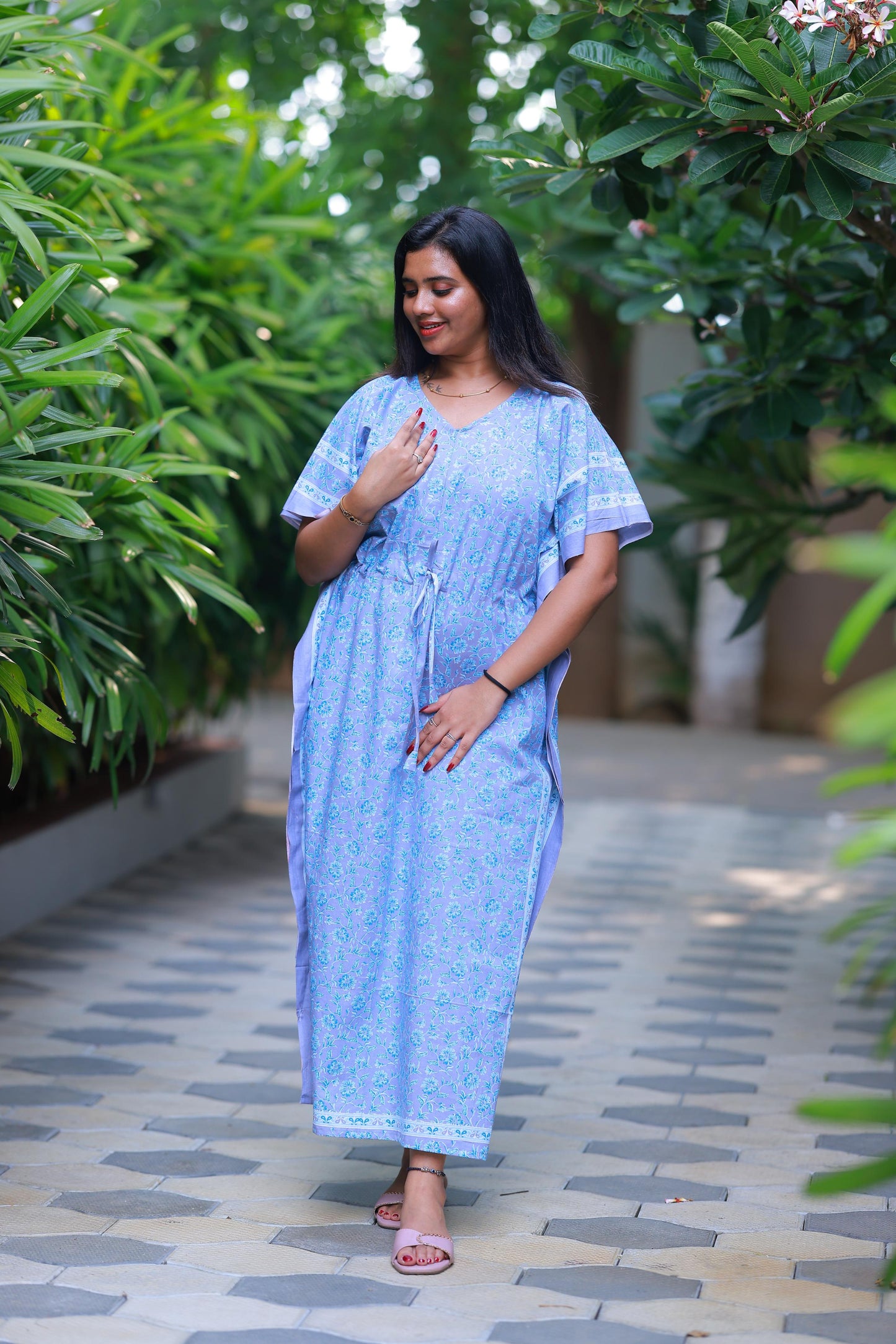 Light Gray With Sky Blue Flower Design kaftan center zip