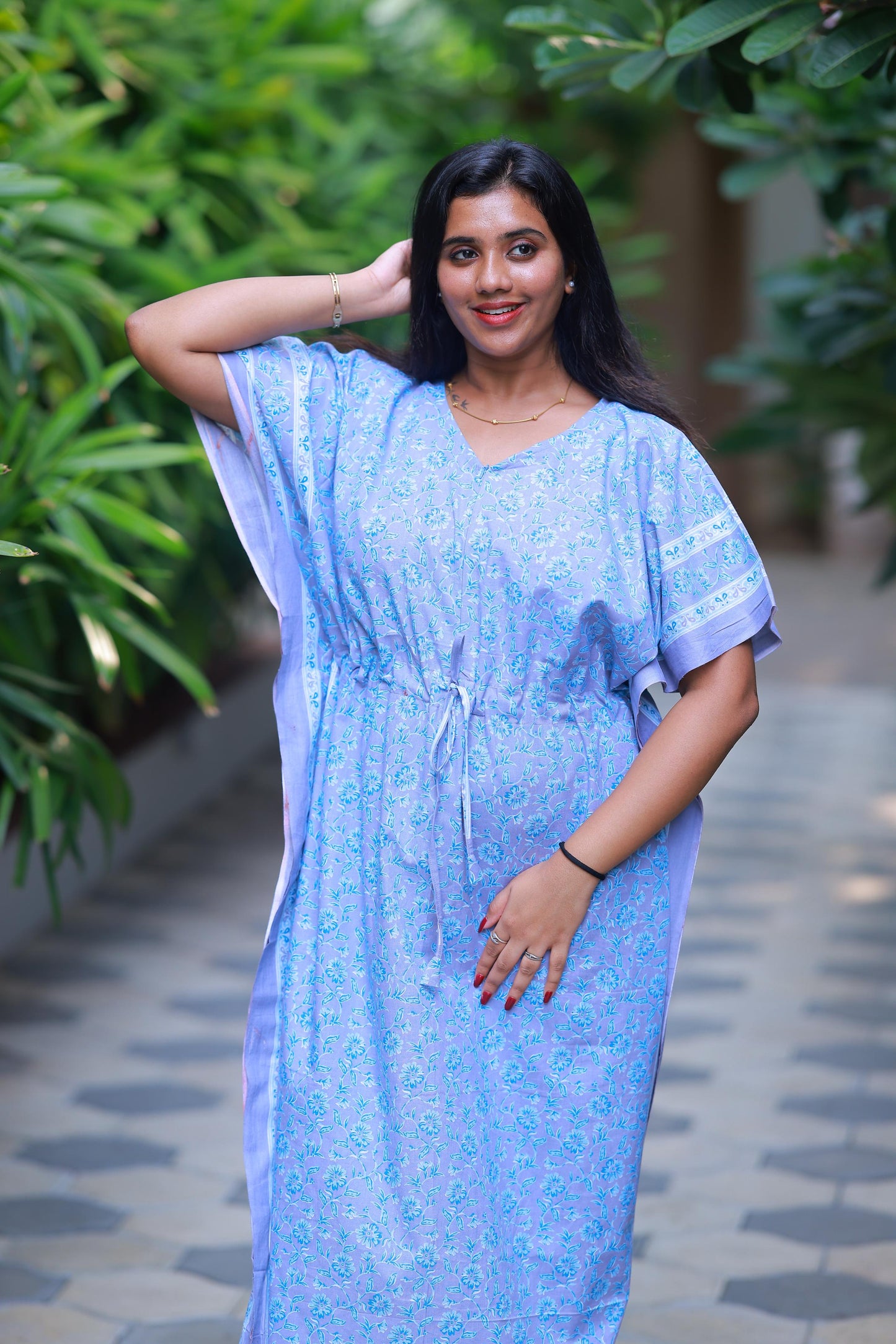 Light Gray With Sky Blue Flower Design kaftan center zip