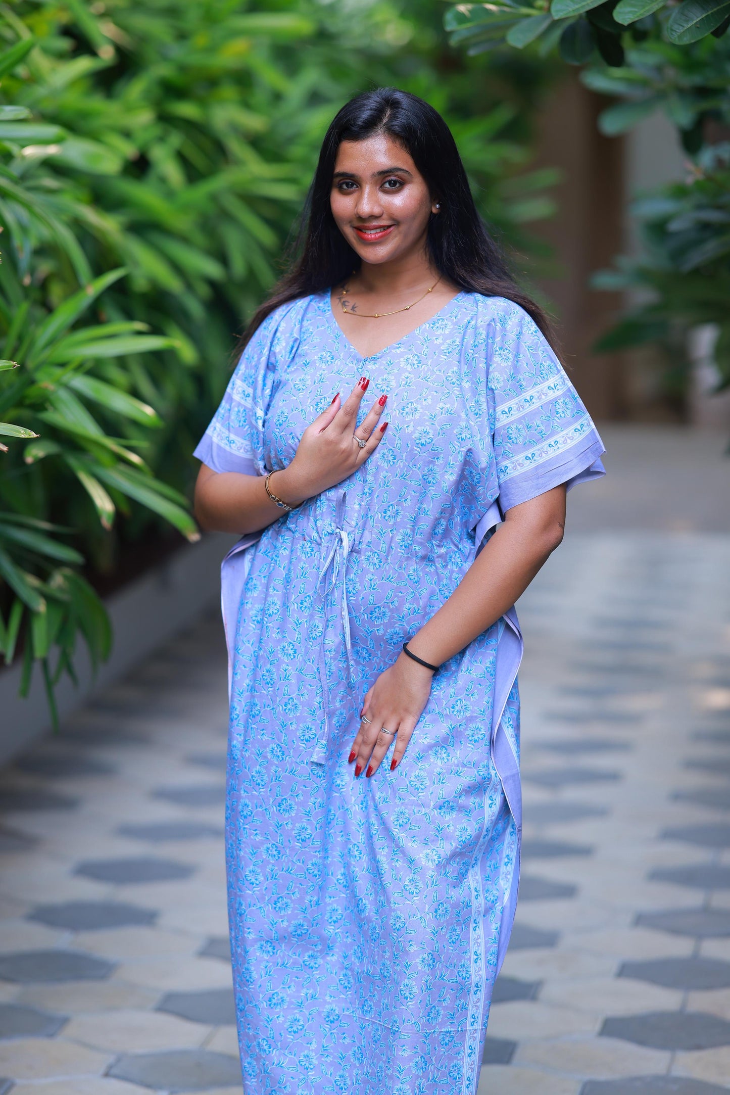 Light Gray With Sky Blue Flower Design kaftan center zip