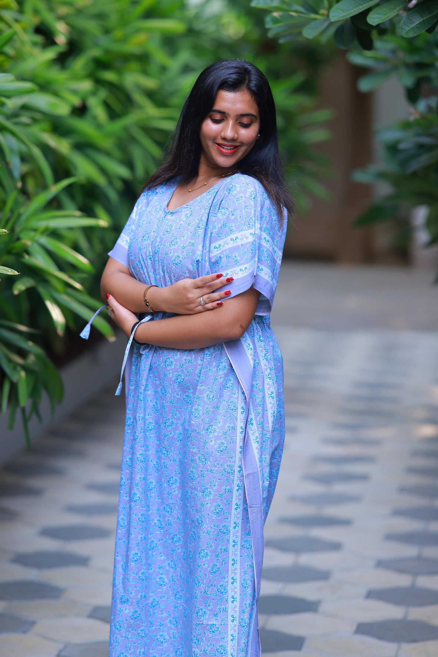 Light Gray With Sky Blue Flower Design kaftan center zip