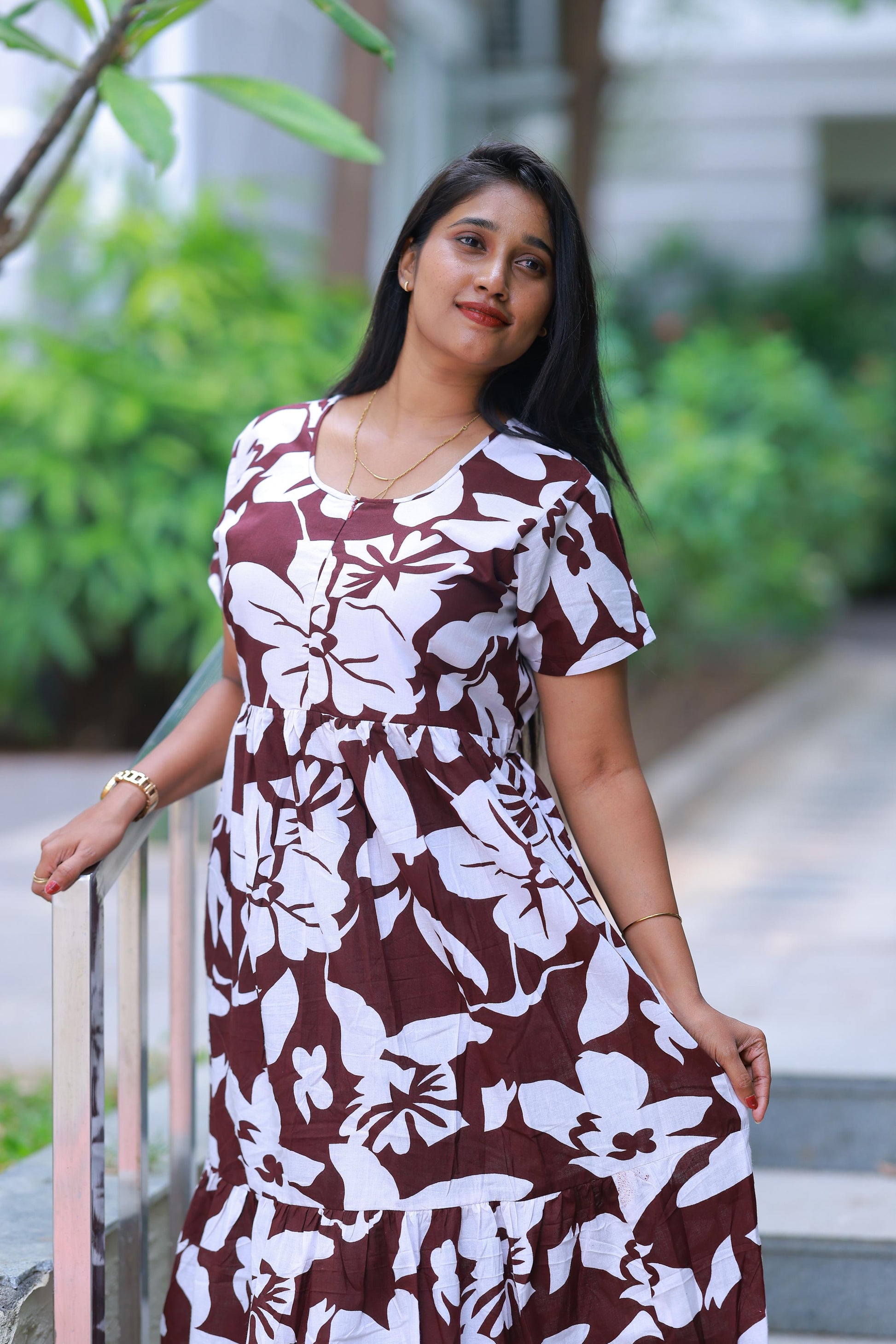 Drak Meroon with White desinge center zip Frock - AHA Nightwears