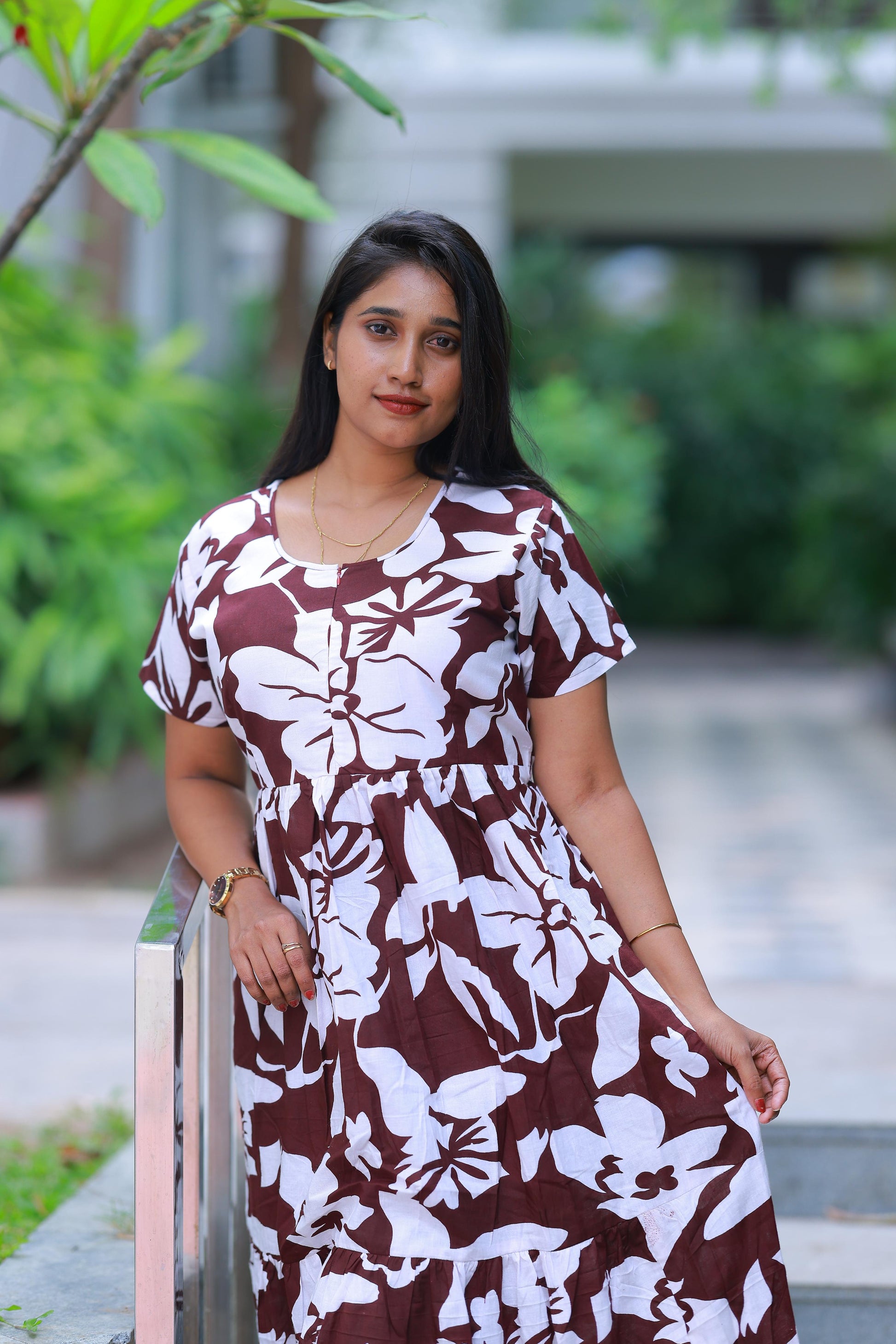 Drak Meroon with White desinge center zip Frock - AHA Nightwears