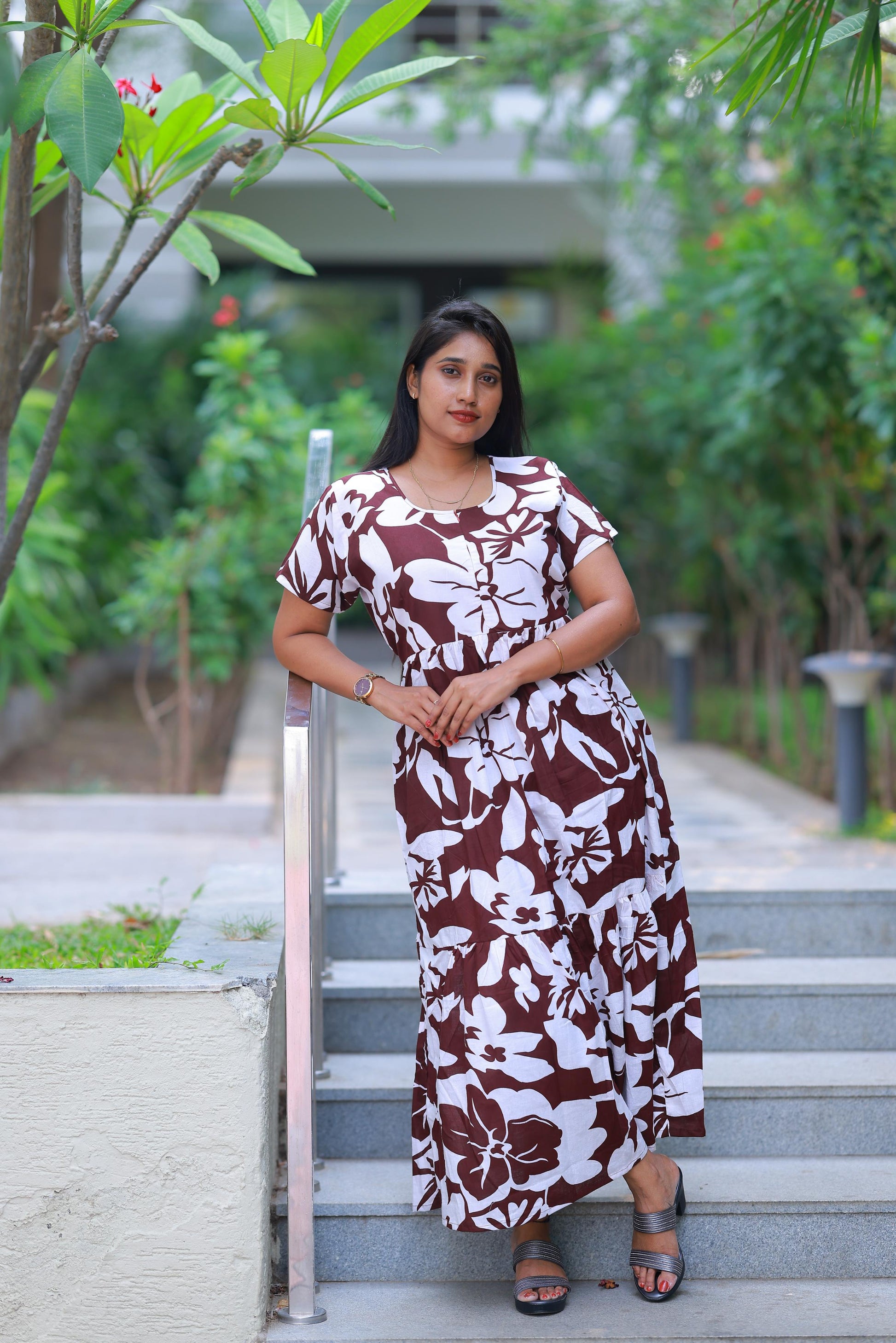 Drak Meroon with White desinge center zip Frock - AHA Nightwears