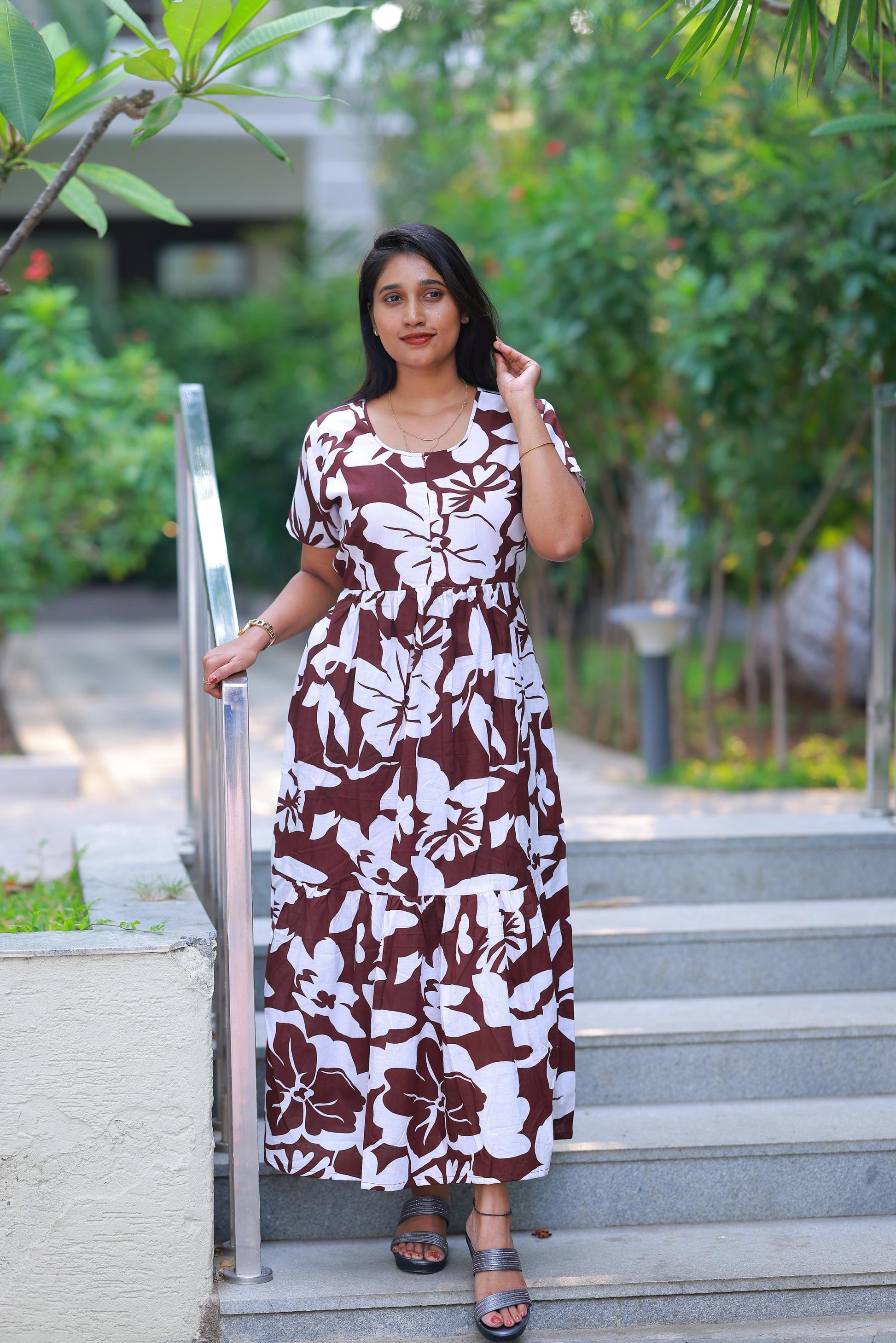 Drak Meroon with White desinge center zip Frock - AHA Nightwears