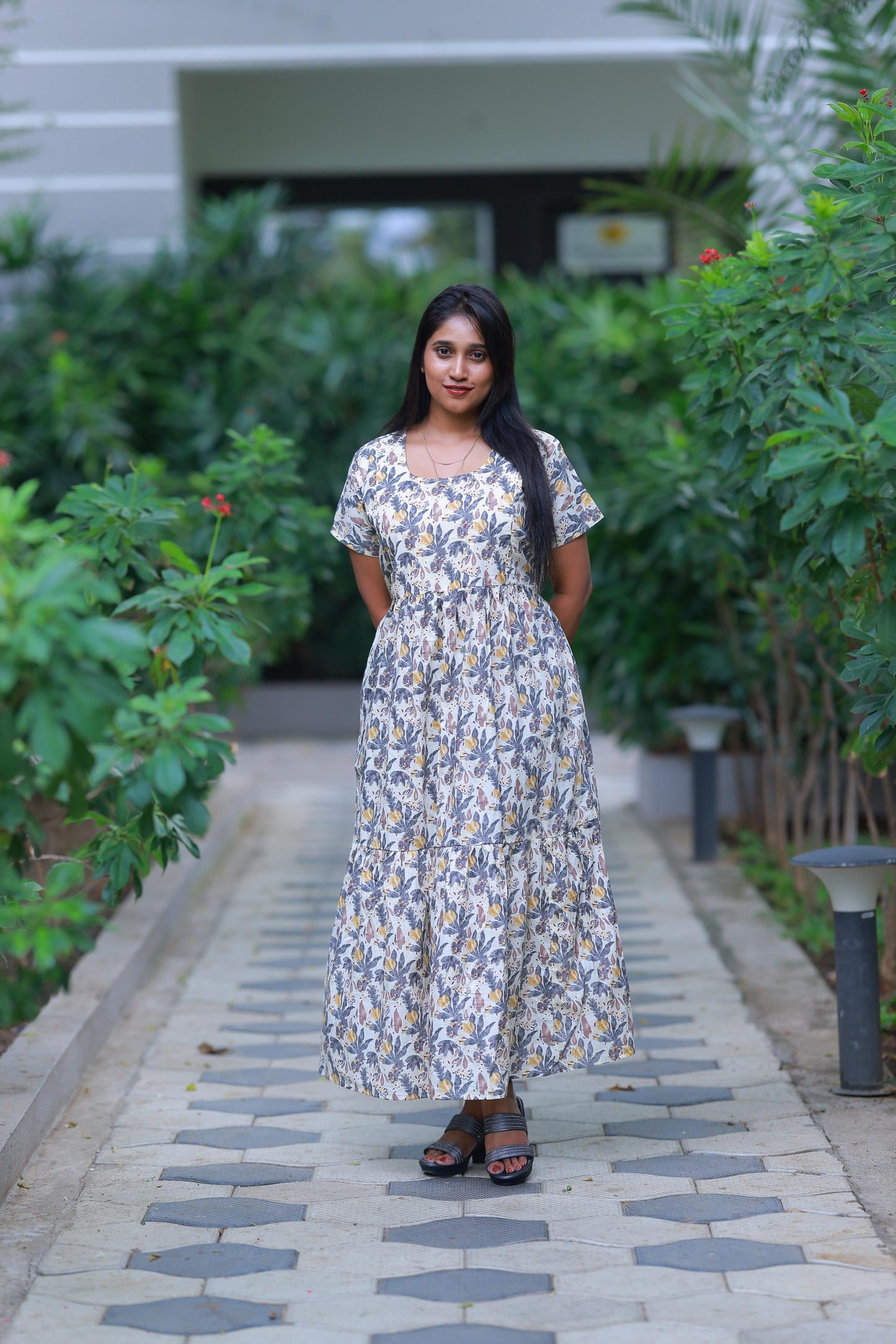 Sandal With Gray Flower Design Pure cotton navy blue frock with center zip - AHA Nightwears